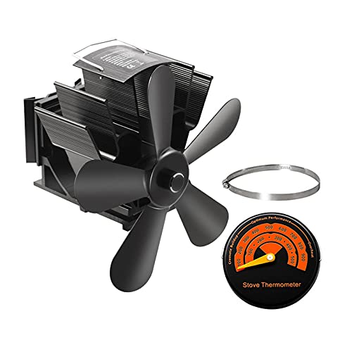 5-Blade Heat Powered Stove Fan for Fireplace - Eco-Friendly, Quiet Wood Burner Fan with Thermometer for Efficient Home Heat Distribution - Perfect for Living Rooms, Cabins & Winter Heating
