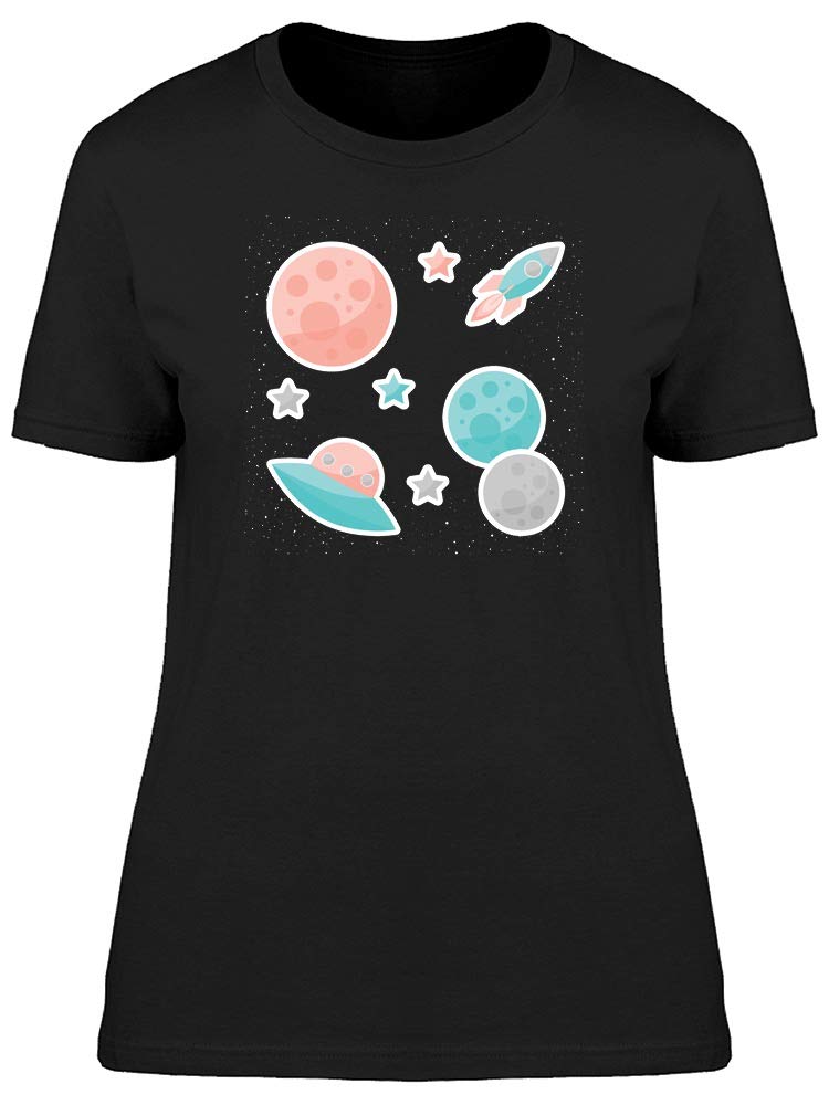 Stylish Women's Space Planets & UFO Doodle Graphic T-Shirt - Trendy Casual Tee for Everyday Wear, Street Fashion & Space-Themed Outfits