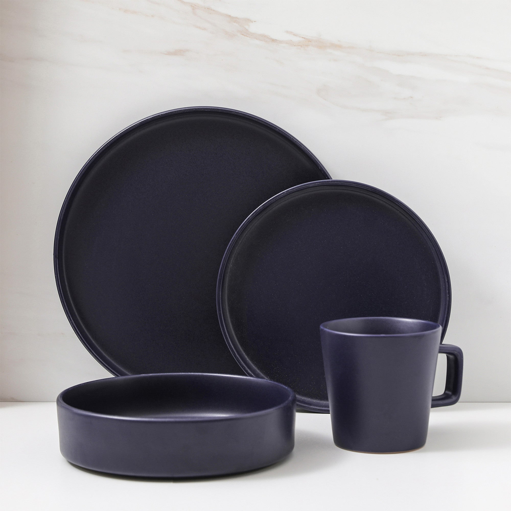 Premium Cleo Stoneware Dinnerware Set - 16-Piece Dark Blue Ceramic Plates & Bowls for Everyday Dining & Entertaining