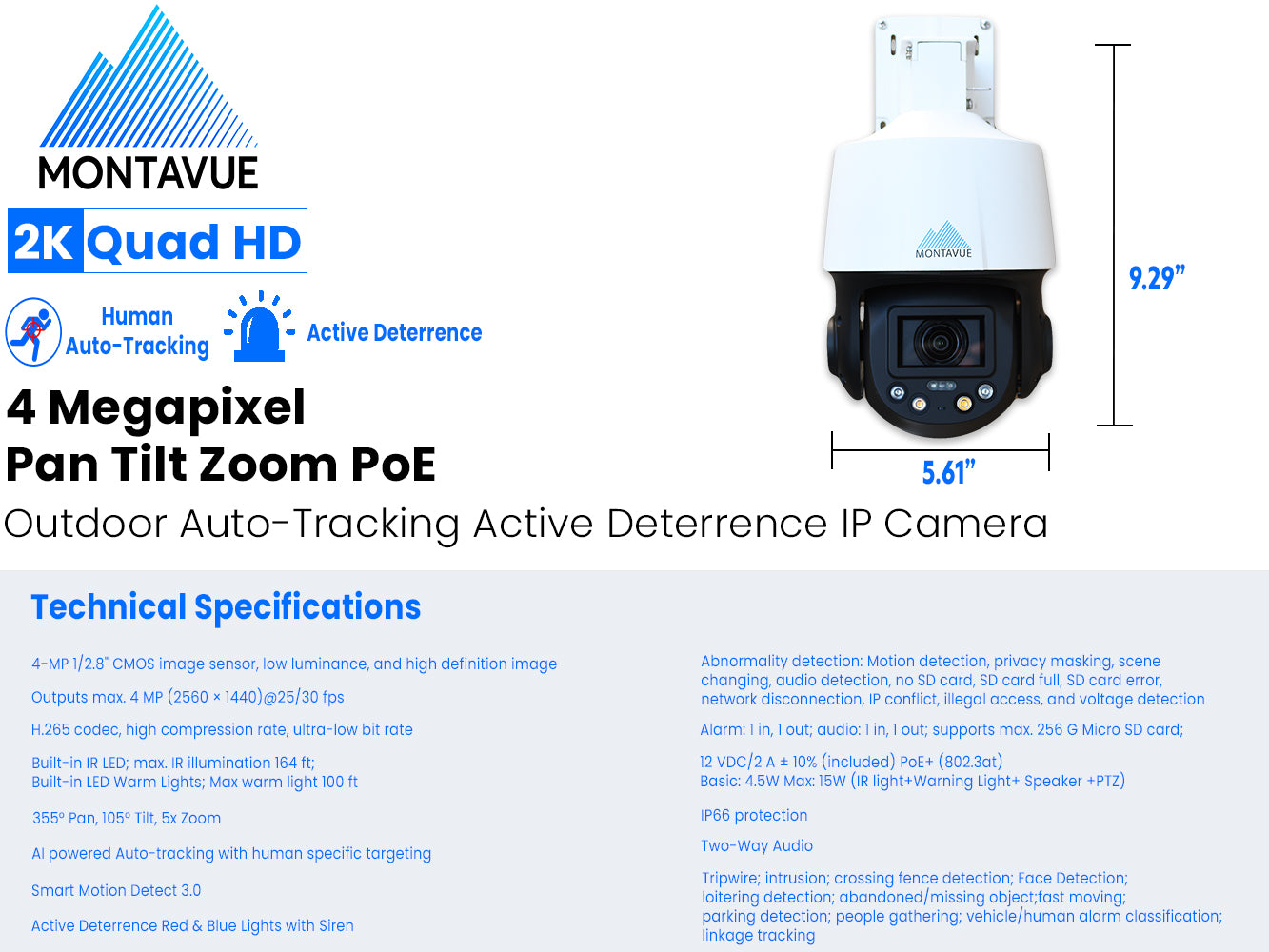 MTZ4050 4MP 2K Auto Tracking PTZ Security Camera with 5x Optical Zoom & Active Deterrence - Outdoor/Indoor Surveillance for Home, Business & Warehouse Protection