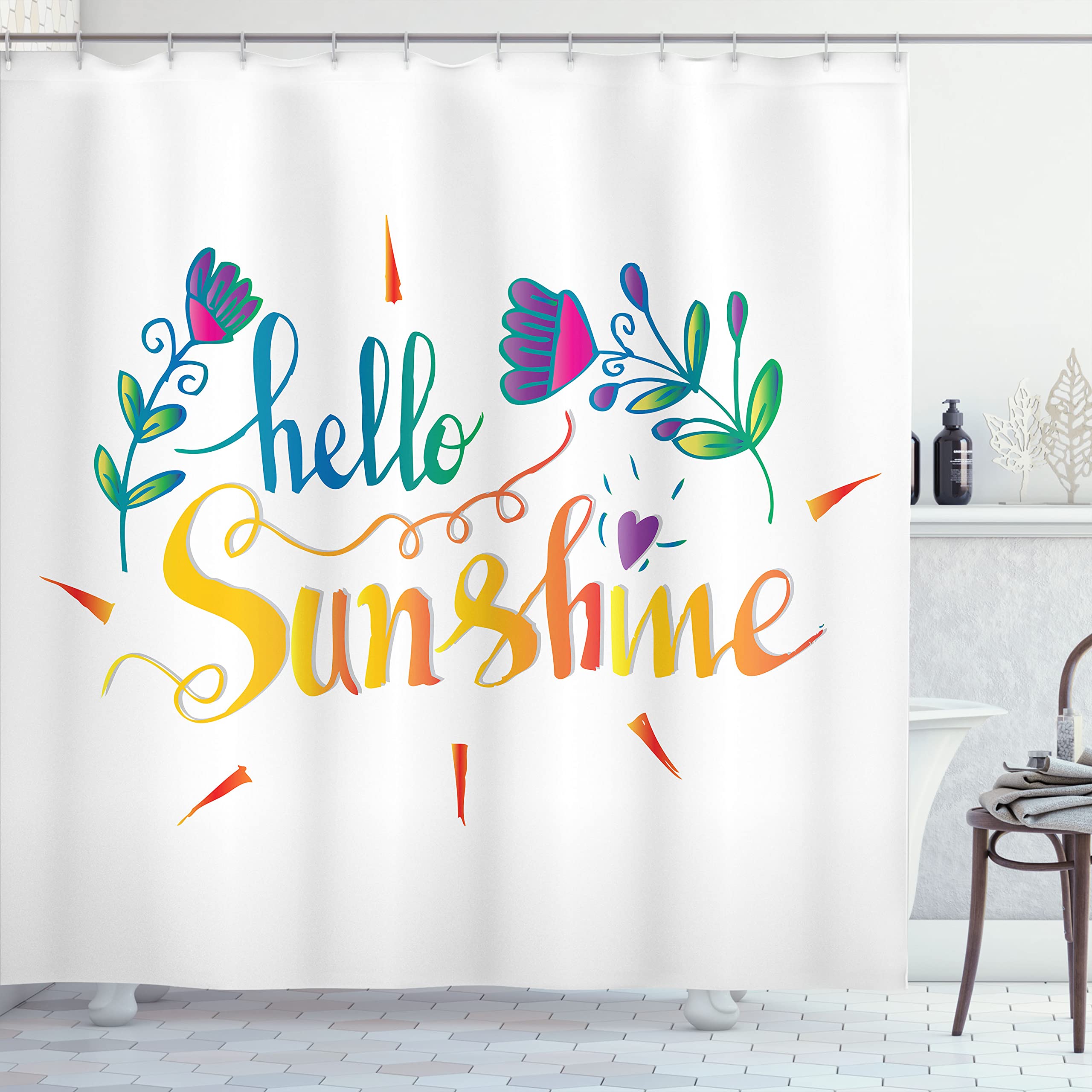 Ambesonne Hello Sunshine Shower Curtain - Floral Cursive Text & Heart Doodle Spring Design, 105