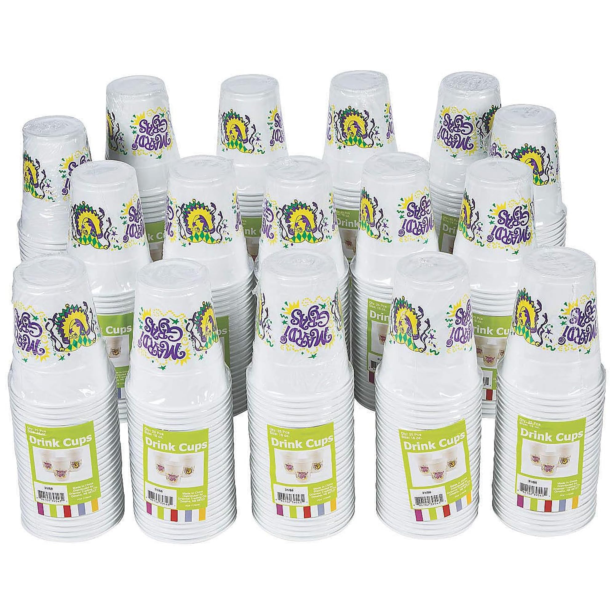 Fun Express Bulk Mardi Gras Plastic Cups - 400 Pieces Colorful Party Cups for Carnival, New Orleans Themed Events & Festive Celebrations - Durable Disposable Drinkware for Parades, Weddings, Birthdays and Office Parties