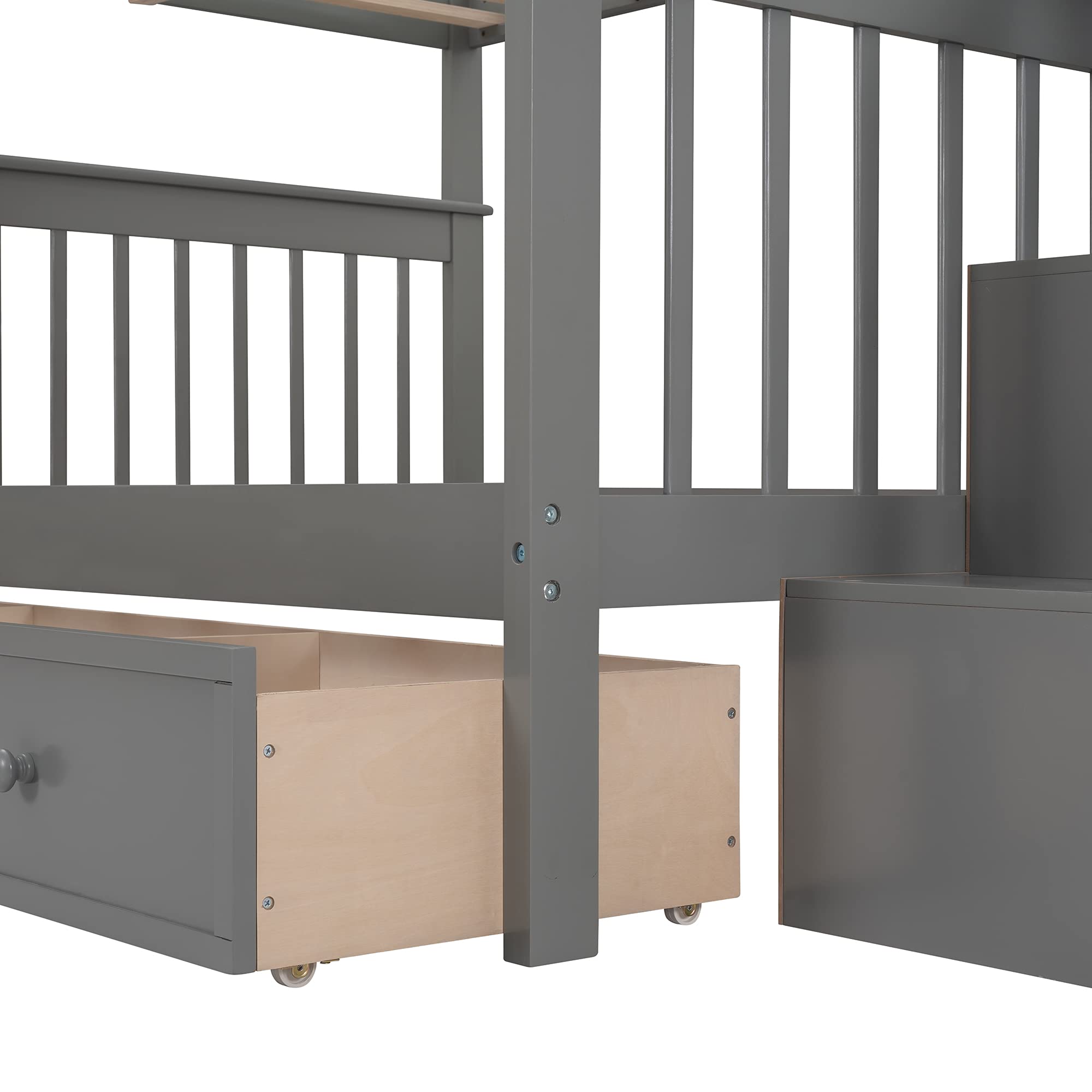 Harper & Bright Designs Full Over Full Bunk Bed with Storage Drawers - Sturdy Wood Bunk Bed with Stairs & Safety Guard Rail - Space-Saving Bed Frame for Kids, Teens & Adults - Perfect for Bedrooms, Dorm Rooms & Small Spaces (Full Size, Gray Finish)