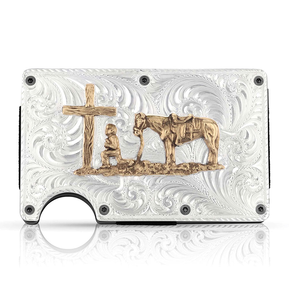 Montana Leather Credit Card & Cash Holder with Praying Cowboy Design - Slim RFID Blocking Wallet for Men & Women | Perfect for Travel, Work, and Everyday Use