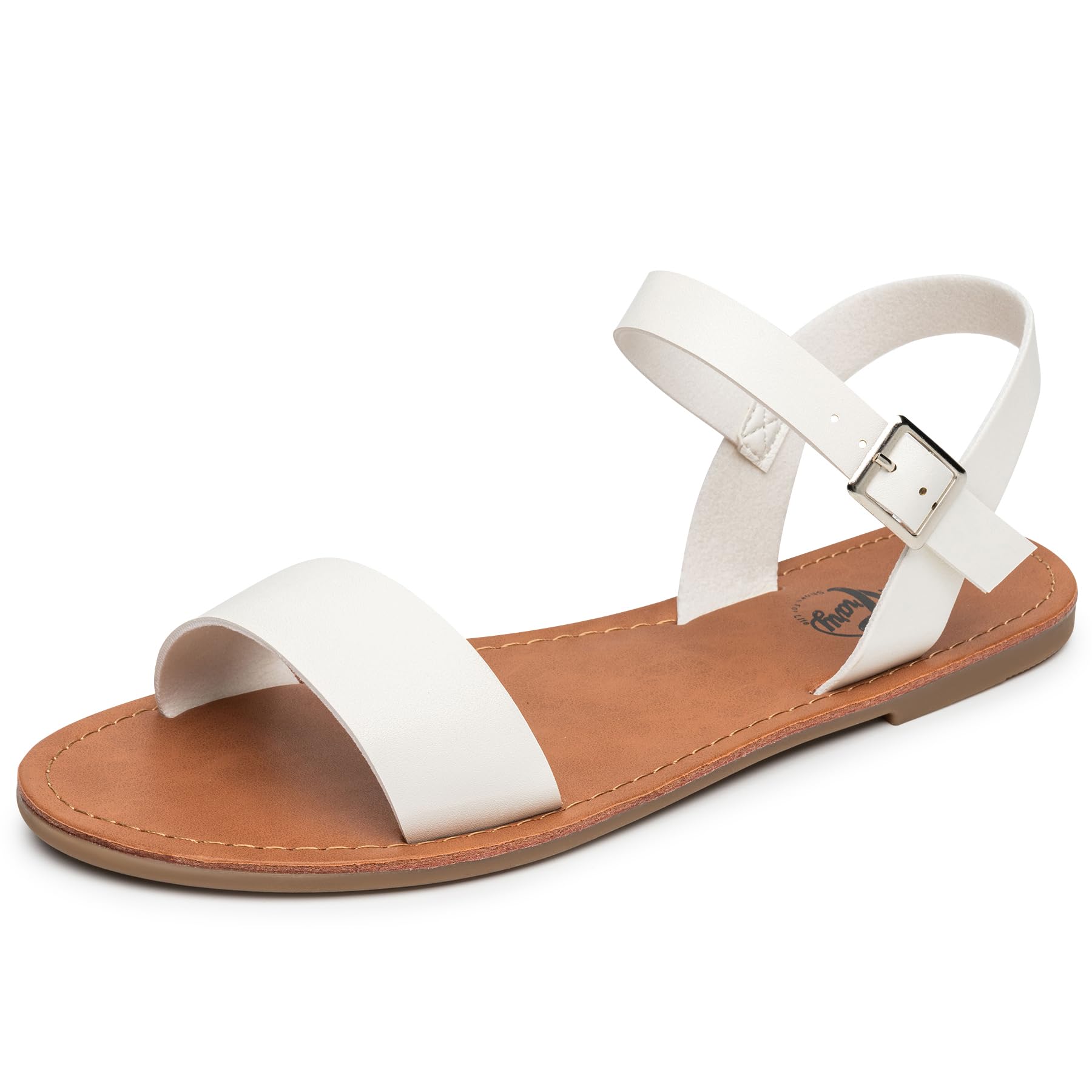 Stylish Women's Leather Gladiator Sandals with Adjustable Metal Buckle - Elegant Two-Tone Open Toe Flat Sandals for Summer, Weddings & Dressy Occasions | Comfortable Ankle Strap Sandals for Casual Outings & Beach Wear