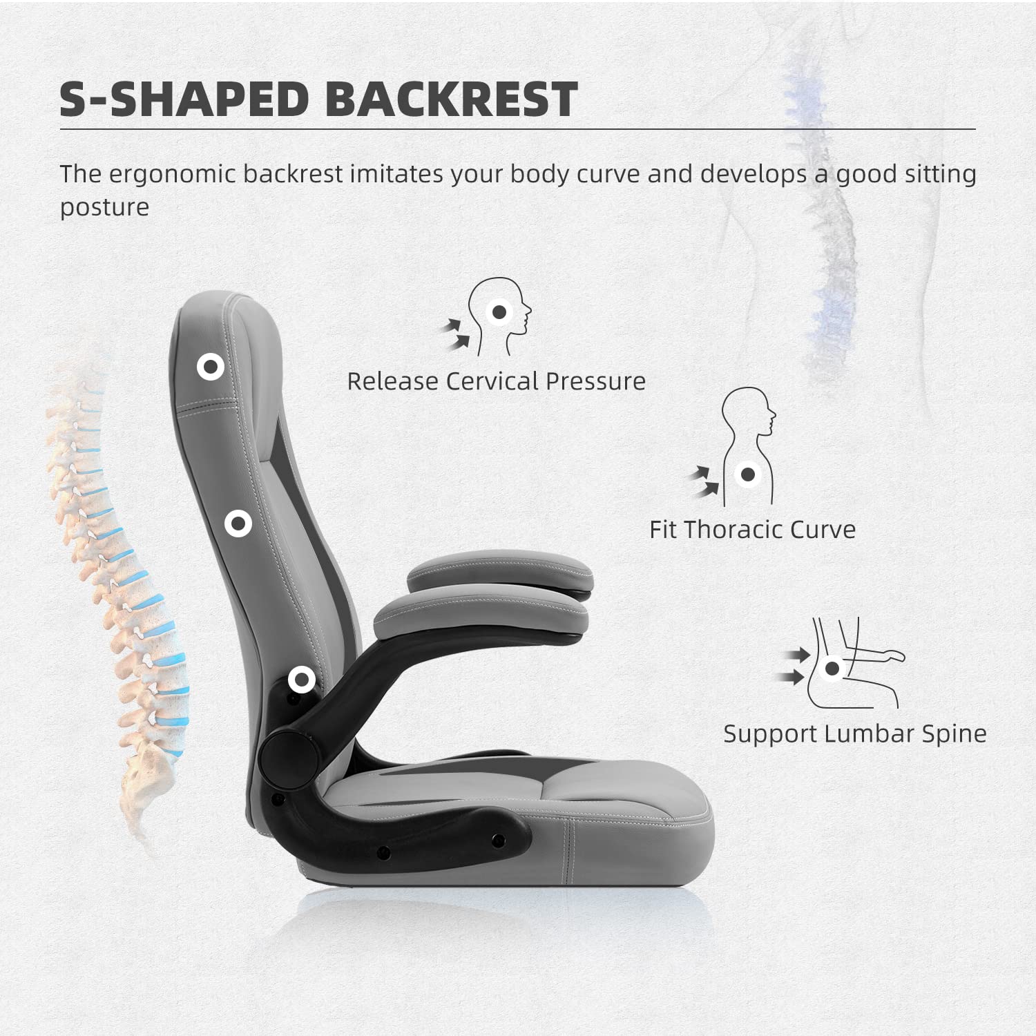 SEATZONE Ergonomic High Back Office Chair with Flip-Up Arms, Swivel & Wheels - Modern Leather Desk Chair for Adults & Teens - Gray - Perfect for Home Office, Gaming & Workspaces