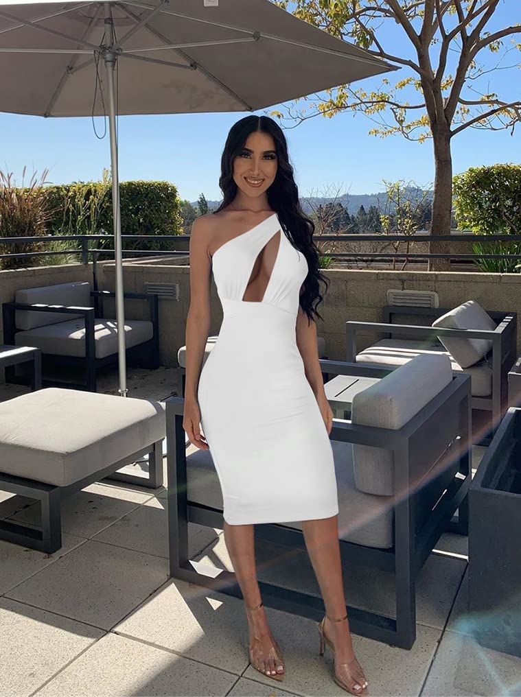 GOKATOSAU Women's Sexy One Shoulder Sleeveless Cut Out Party Club Midi Dress - Elegant Bodycon Cocktail Dress for Night Out, Date Night & Special Occasions