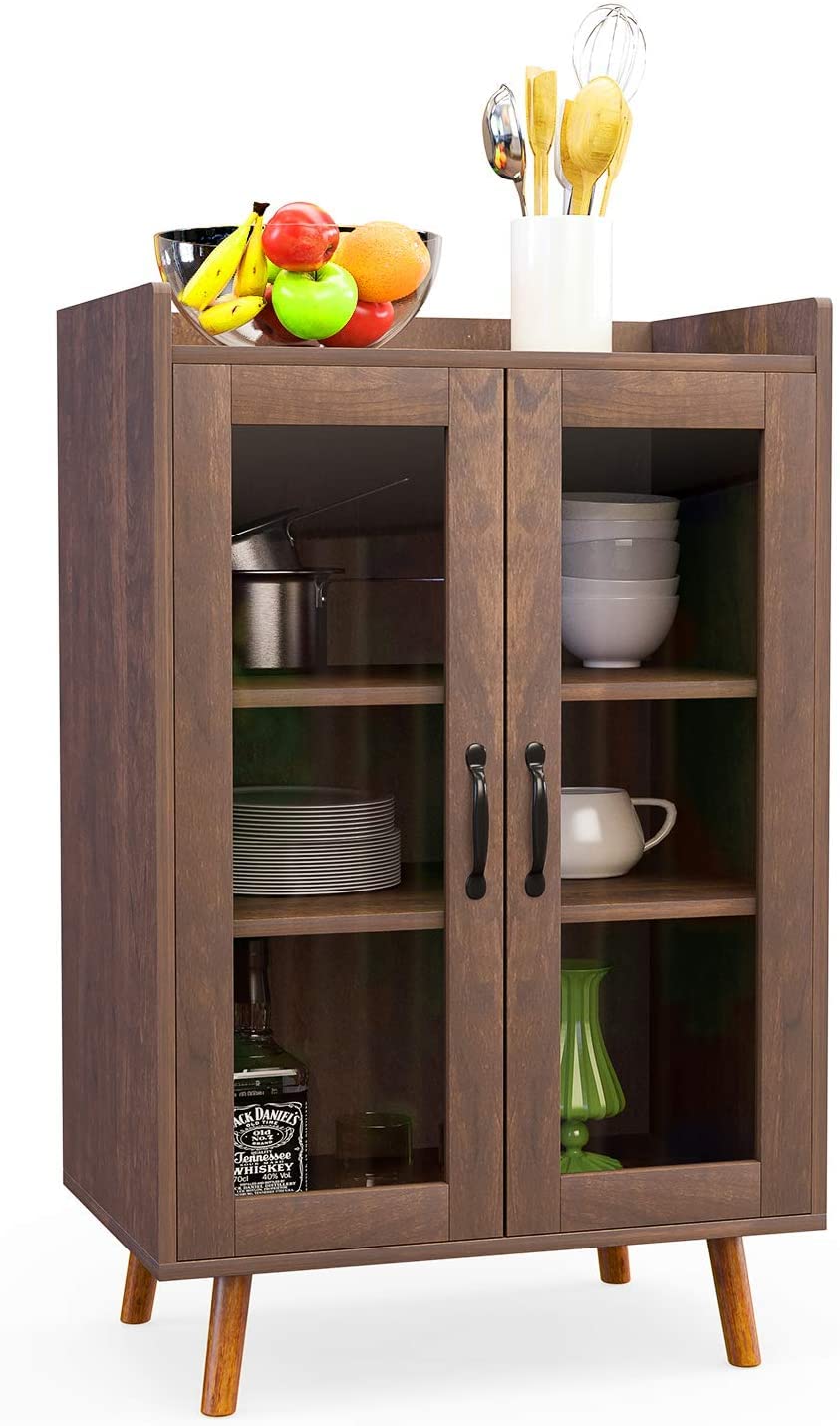 ELOMBR Walnut Wood Accent Sideboard with 2 Glass Doors - Kitchen Buffet Storage Cabinet for Hallway, Living Room & Dining Room | Perfect for Serving, Display & Organizing Dishes, Linens & Home Decor