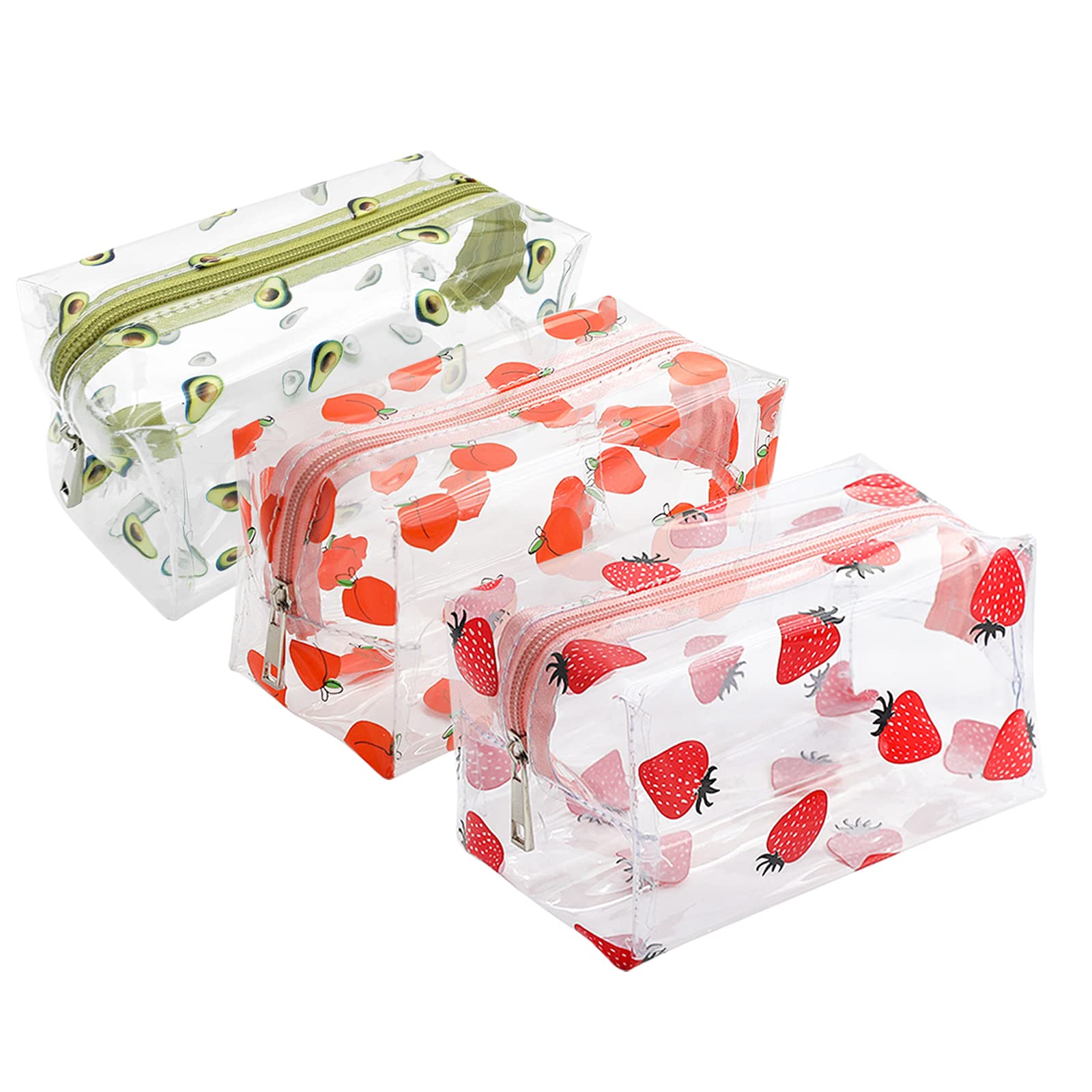 Cute Kawaii Clear Makeup Bag Organizer - Large Capacity Zippered Cosmetic Pouch, Cartoon Toiletry Storage Case for Women, 3-Pack Transparent Travel & Office Essentials (Fruit Design) - Perfect for Travel, Gym, and Daily Beauty Organization