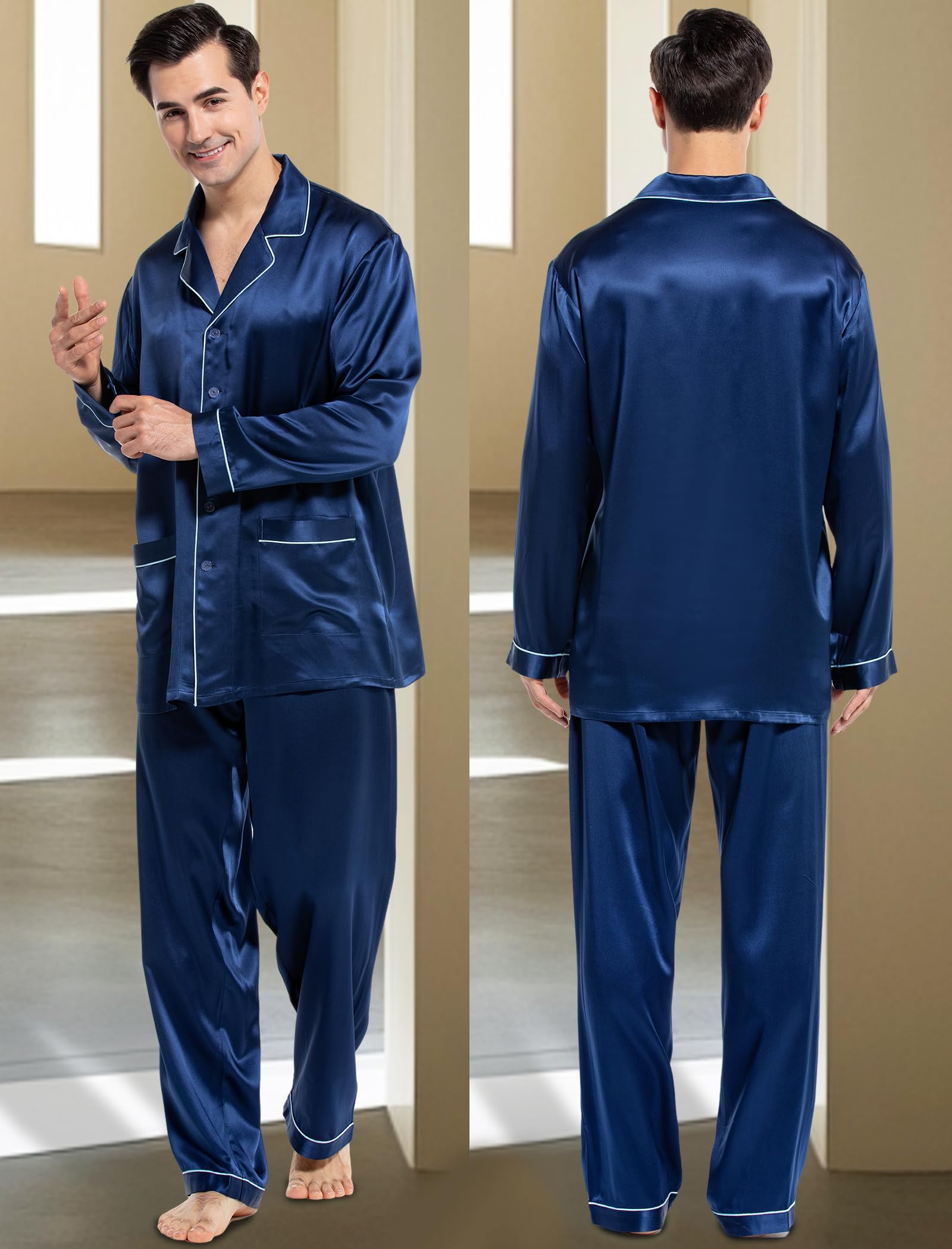 Luxury Men's Silk Pajama Set - 100% Pure Silk Long Sleeve Button Down Sleepwear for Men - Soft & Breathable 2-Piece Pajamas for Lounge, Sleep & Relaxation at Home