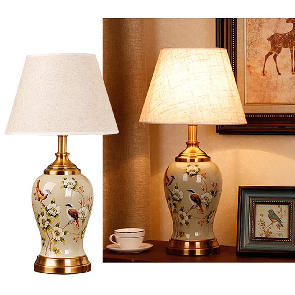 Classic Chinese Flower & Bird Ceramic Table Lamp - Large Oriental Porcelain Base with Fabric Lampshade, 22.4
