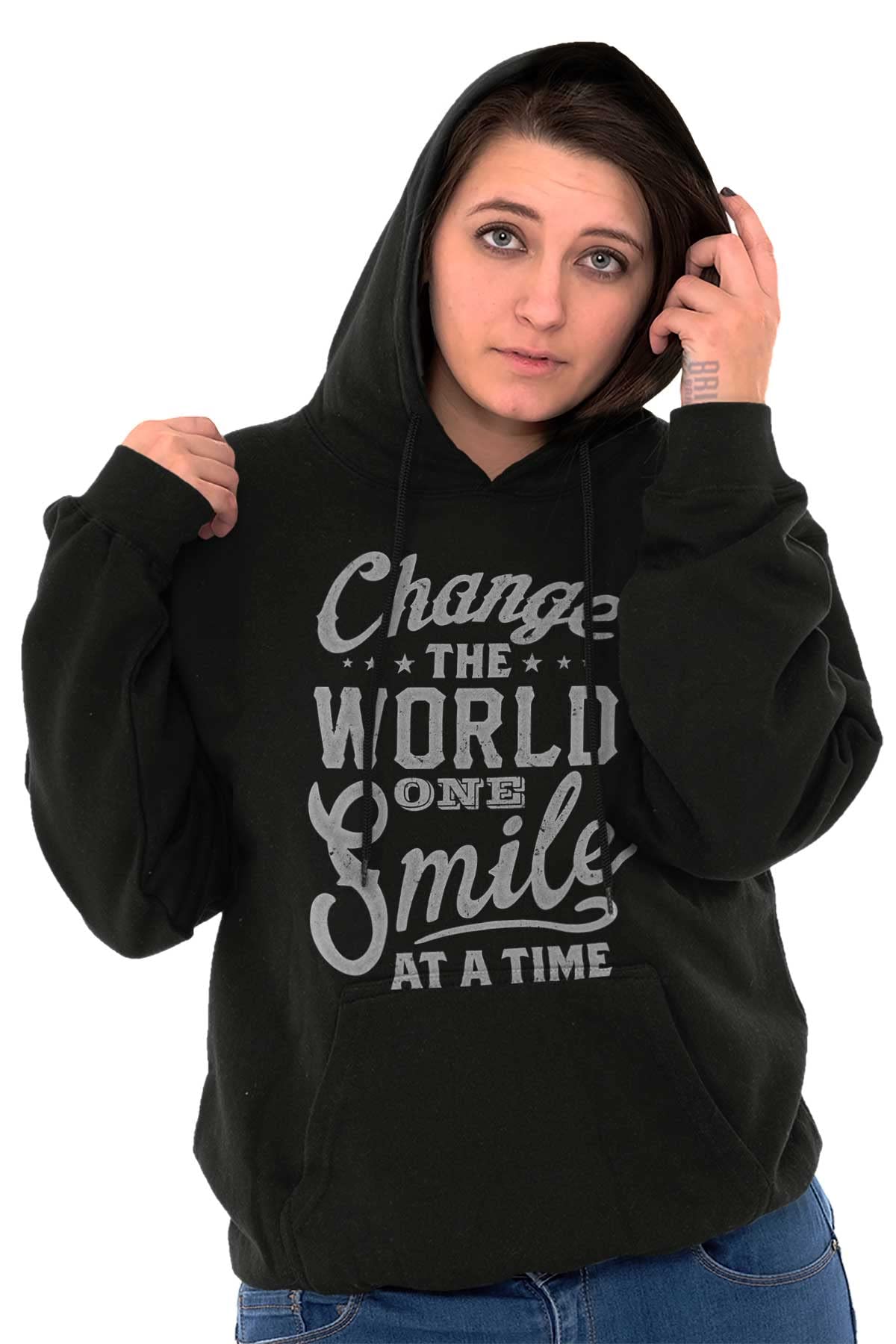 Brisco Brands Women's Hoodie Sweatshirt - Inspirational 'Change the World One Smile at a Time' Pullover | Cozy Casual Wear for Everyday, Gym & Outdoor Activities