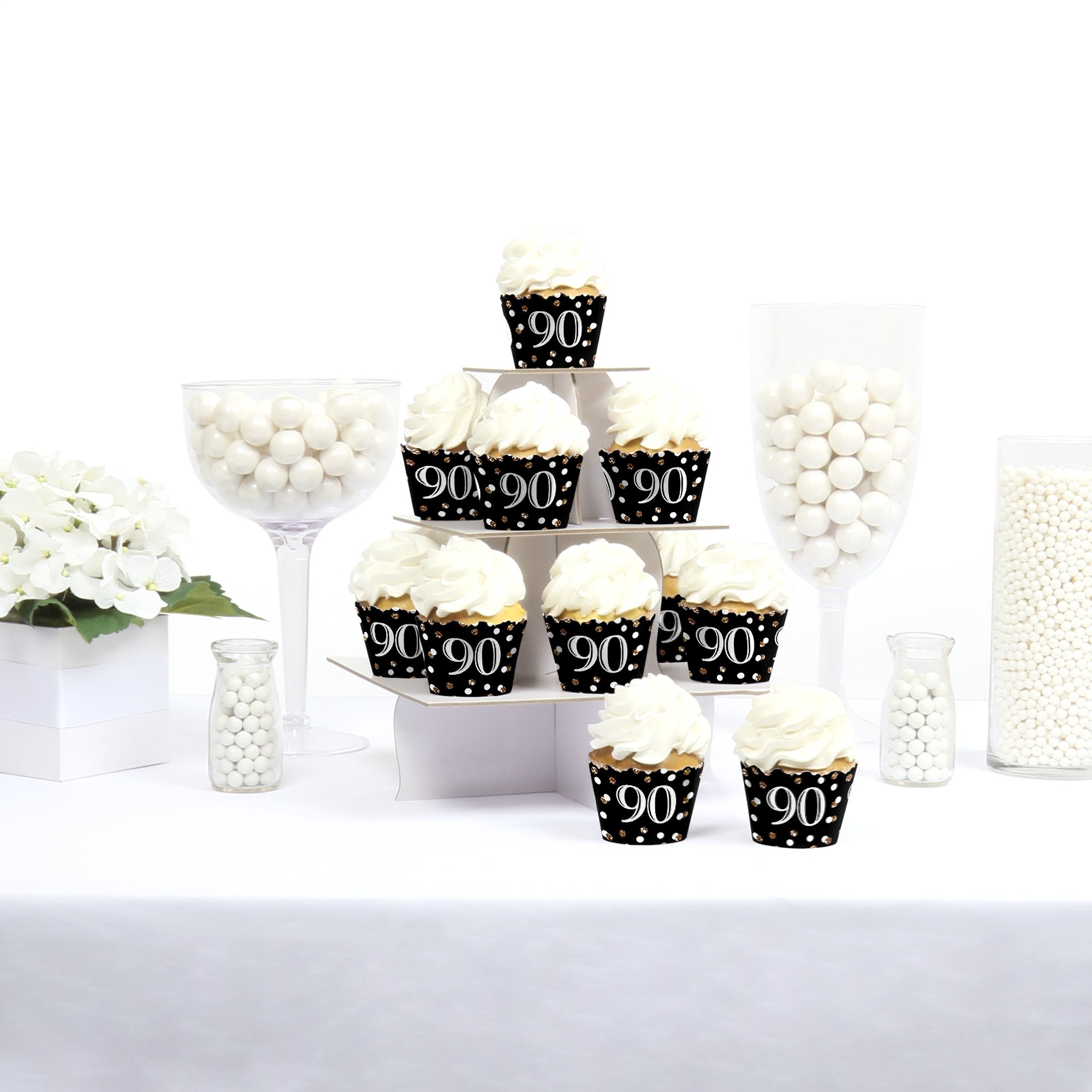 Big Dot of Happiness 90th Birthday Party Decorations - Gold Themed Cupcake Wrappers Set of 12 for Adult Milestone Celebrations | Perfect for Retirement Parties, Anniversary Events & Golden Age Decor