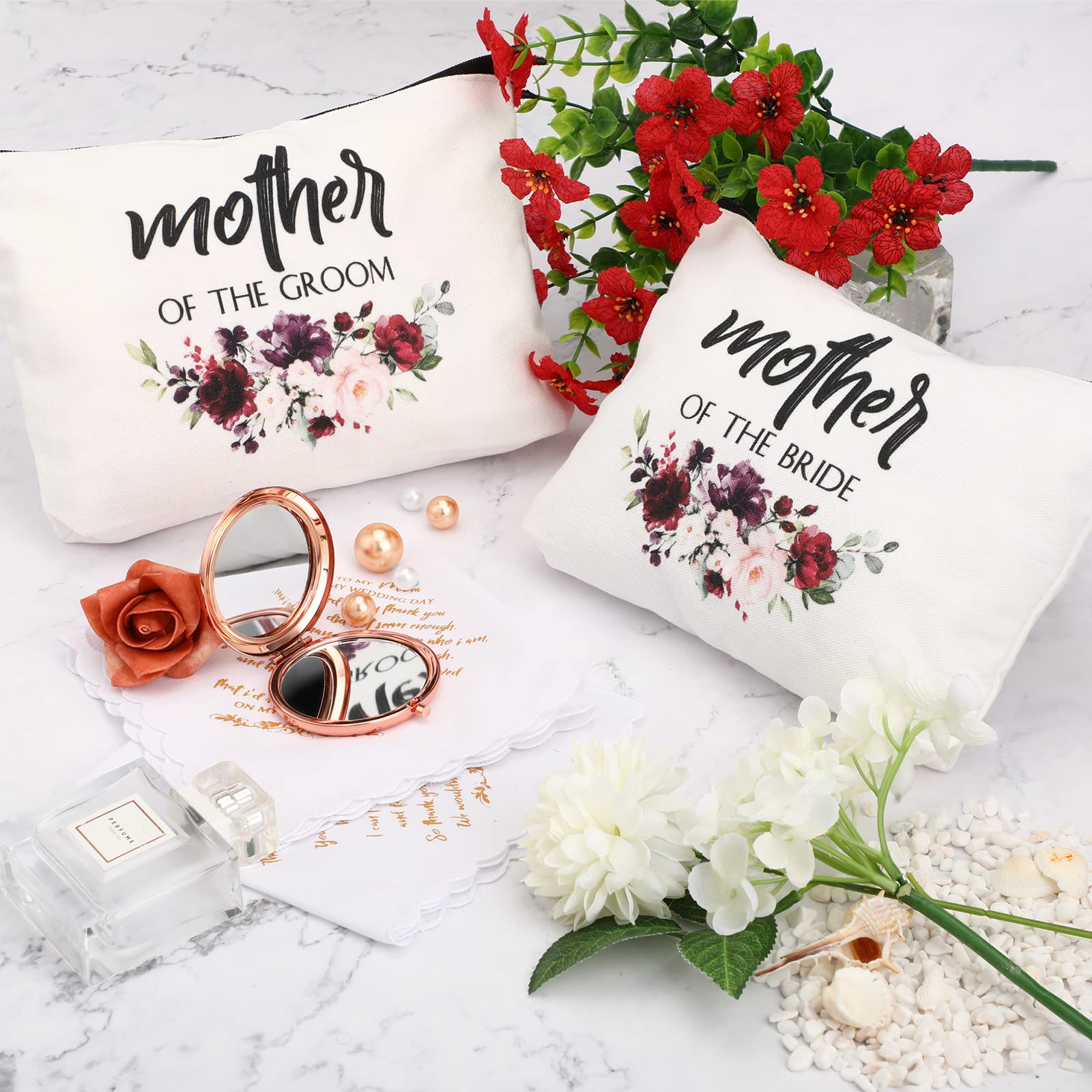 6 Pack Mother of the Bride & Groom Cosmetic Flowers Bag - Elegant Wedding Gift Set with Makeup Mirror & Handkerchief for Mother in Law - Perfect for Engagement, Bridal Shower & Wedding Day Essentials