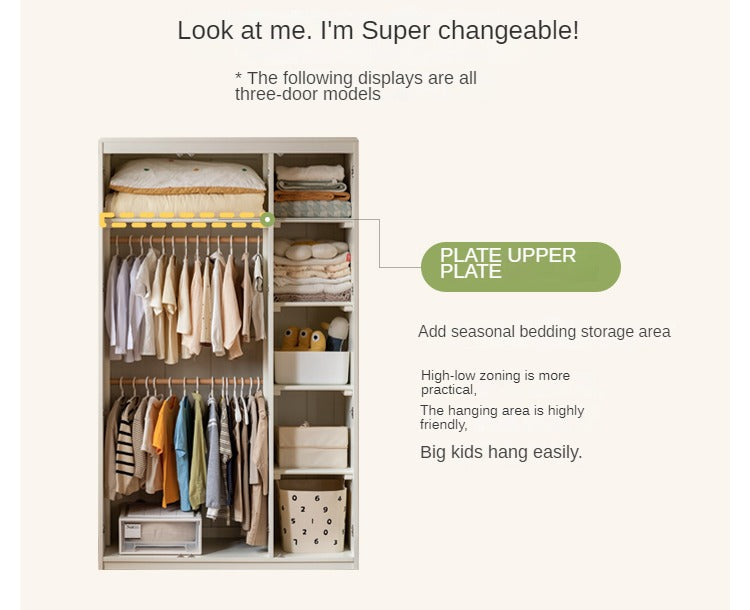 Pine Solid Wood White Cream Children's Wardrobe - Kids Bedroom Storage Organizer for Clothes, Toys & Books - Perfect for Nursery, Bedroom & Playroom Organization