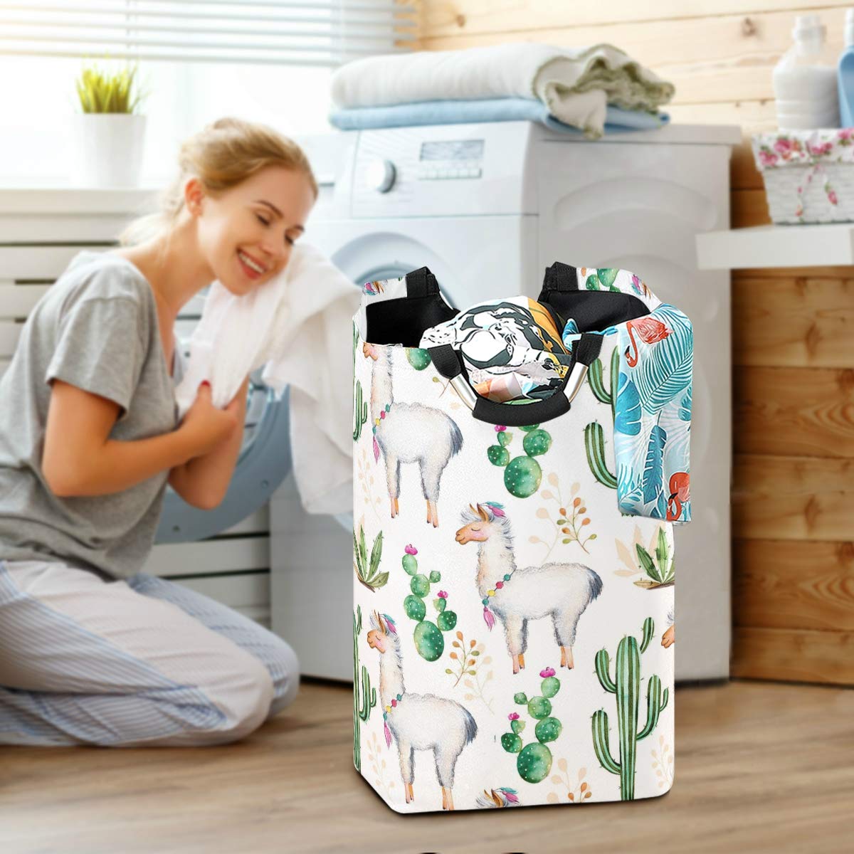 Collapsible Laundry Hamper with Tropical Animal & Cactus Flower Design - Foldable Clothes Storage Bin, Multi-Purpose for Laundry, Shopping, Toy & Book Organization | Perfect for Bedroom, Bathroom & Dorm Room Storage