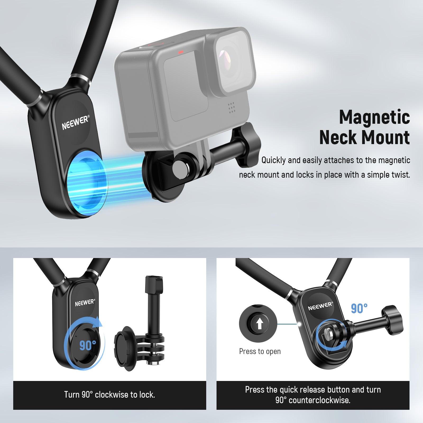 NEEWER GP15 Magnetic Quick Release Flexible Action Neck Mount for POV Camera - Hands-Free Mount for Vlogging, Travel & Outdoor Adventures