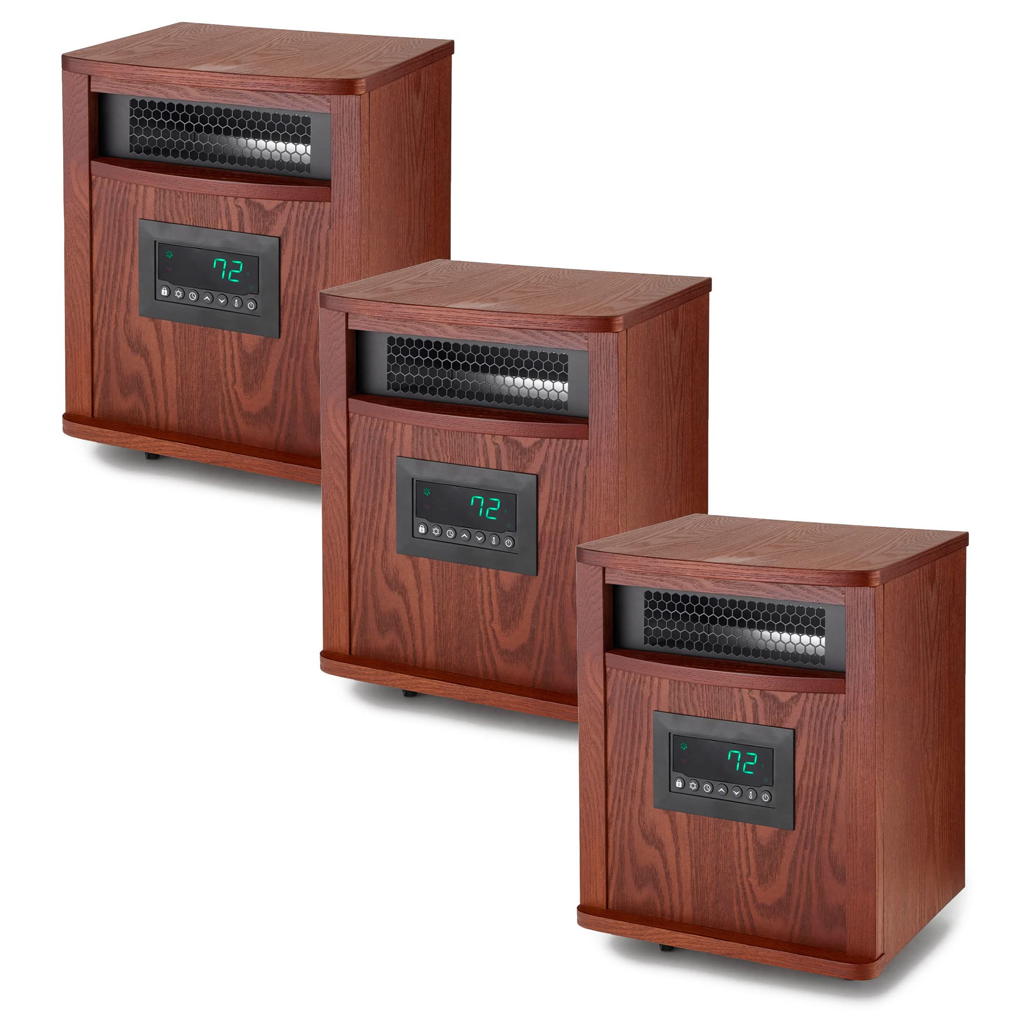 Lifesmart 1500W Portable Infrared Quartz Space Heater - 6 Heating Elements with Remote & Caster Wheels - Indoor Use for Home, Office, Bedroom & Garage - Energy Efficient Electric Heater (3 Pack, Brown)