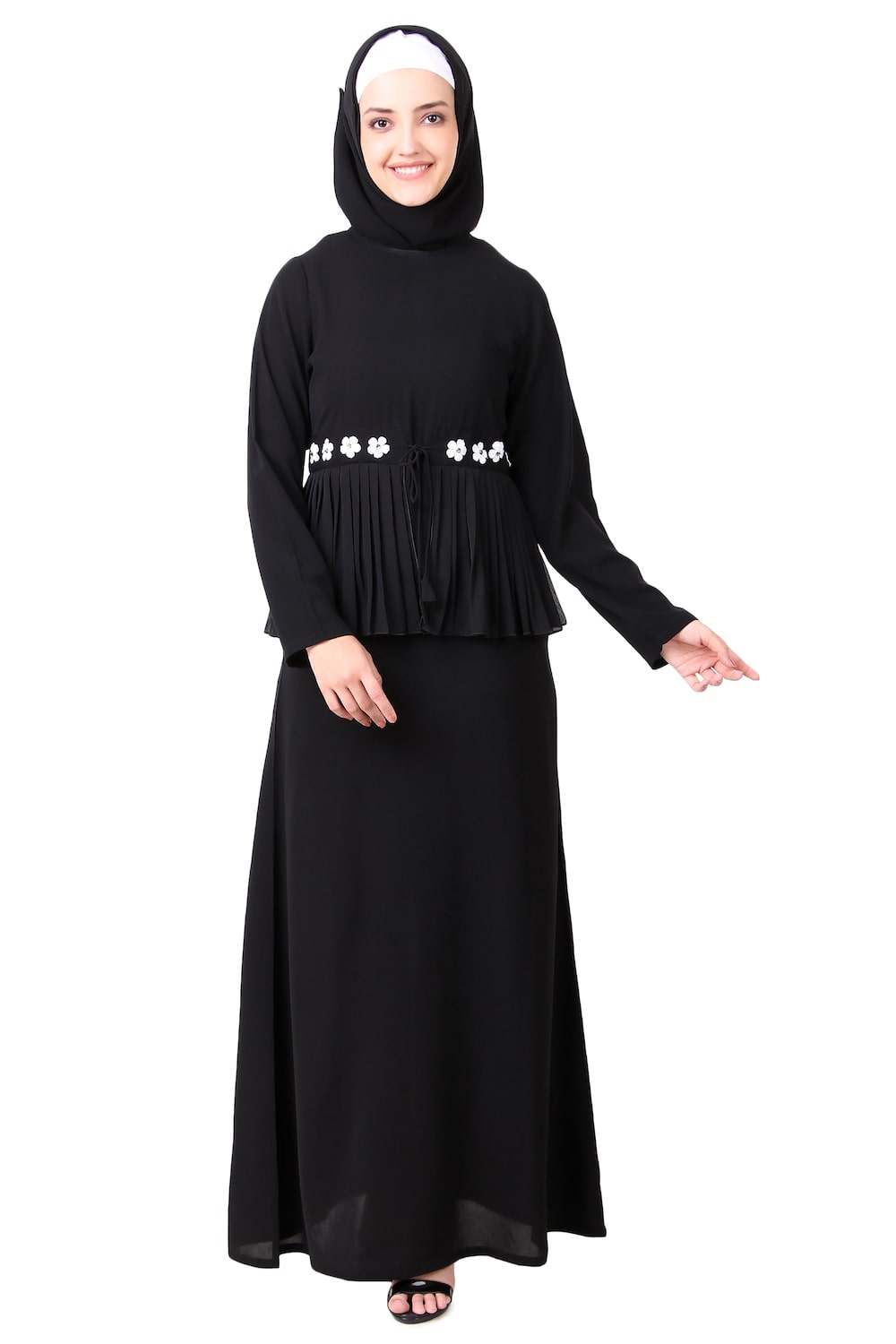 Elegant Frilled Georgette Waist A-Line Nida Abaya Dress - Perfect for Eid, Ramadan, and Special Occasions