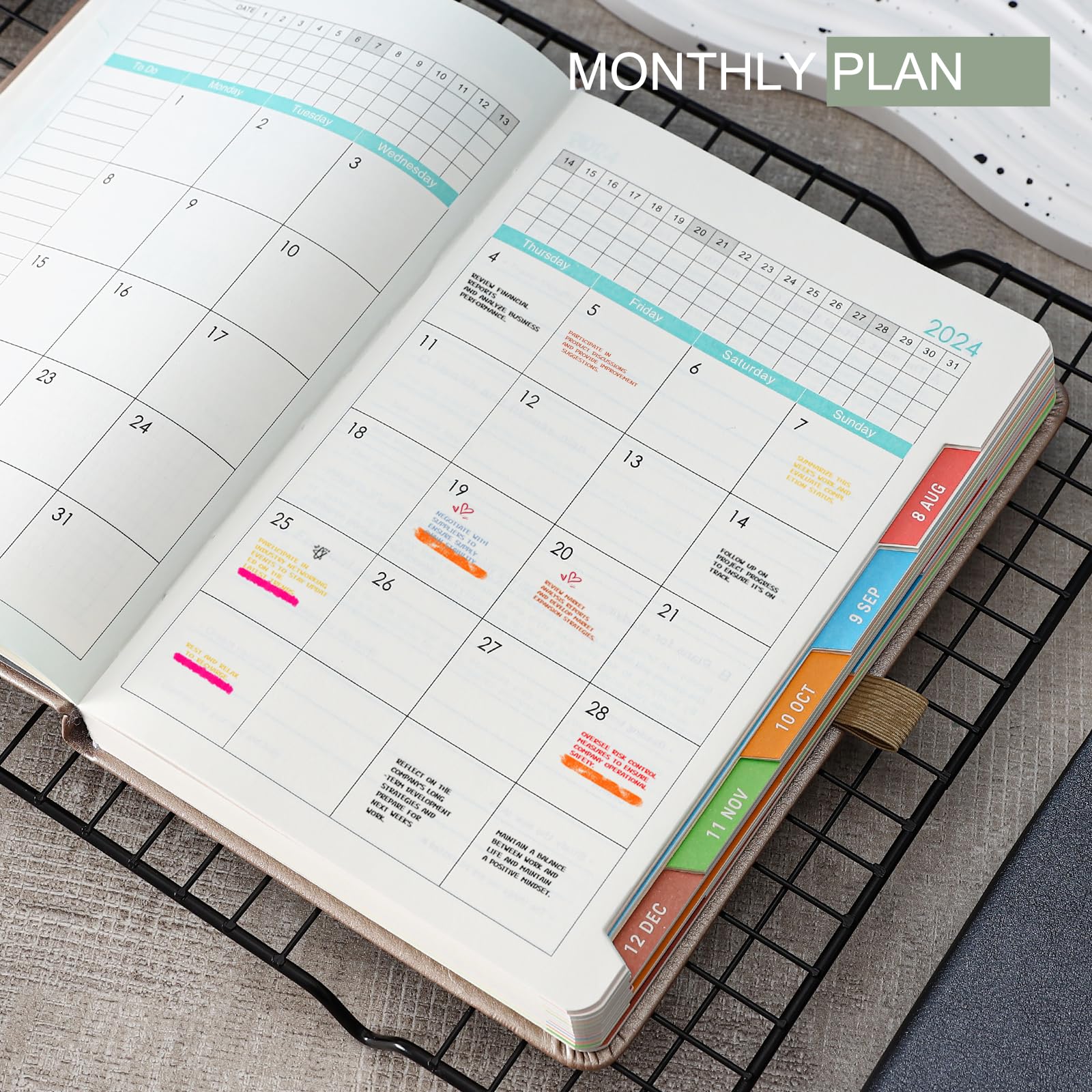 2024-2025 A5 Daily Planner Hardcover - Academic Diary July 2024 to June 2025 with Color Tabs, Pen Holder & Inner Pocket | 400 Ivory Thick Pages, Gold Foil | Perfect for Students, Professionals & Goal Tracking