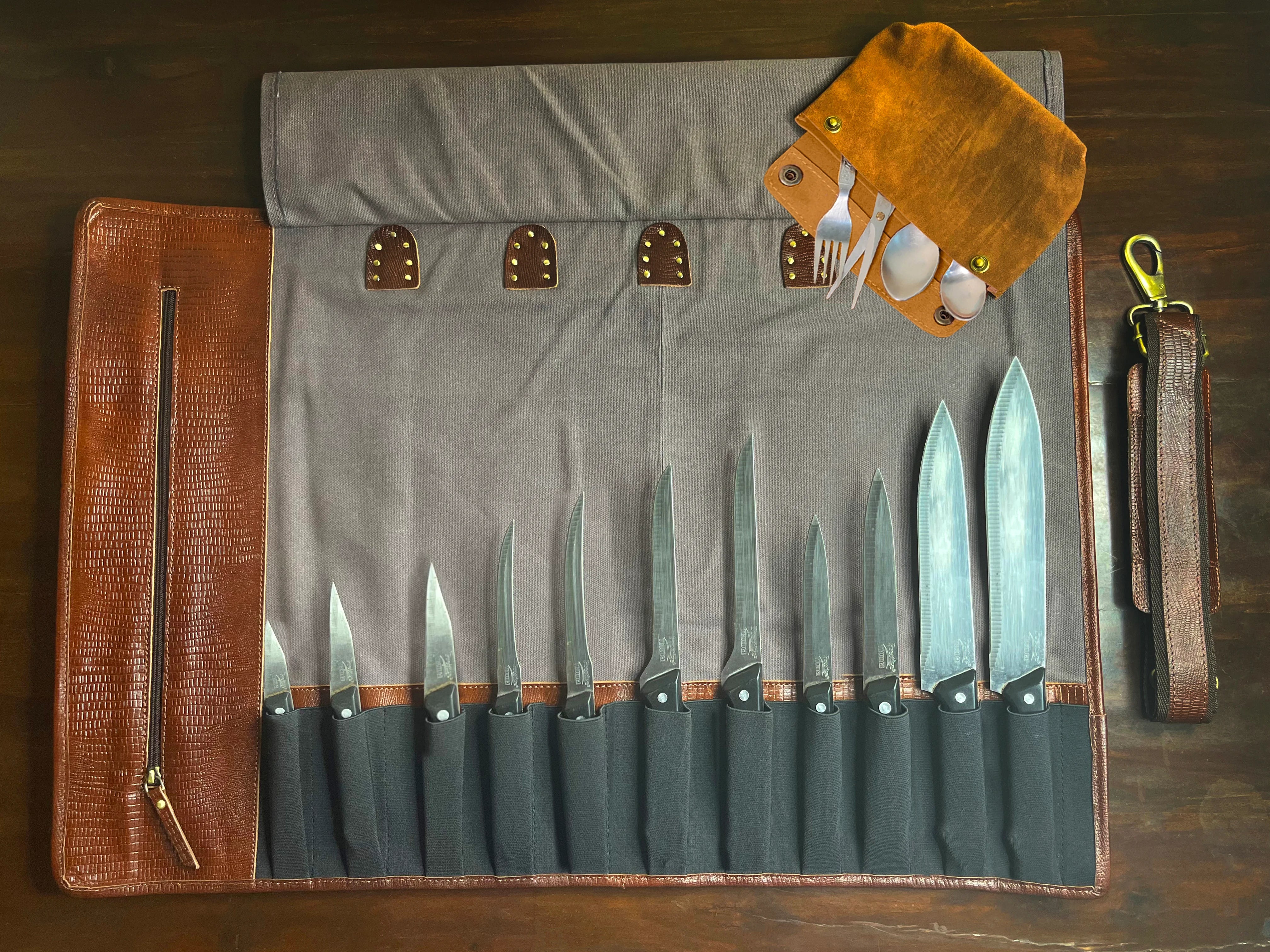 Premium Leather & Canvas Knife Roll Storage Bag for Chefs - Chocolate Grey - Ideal for Professional Kitchens, Culinary Schools & Home Cooking