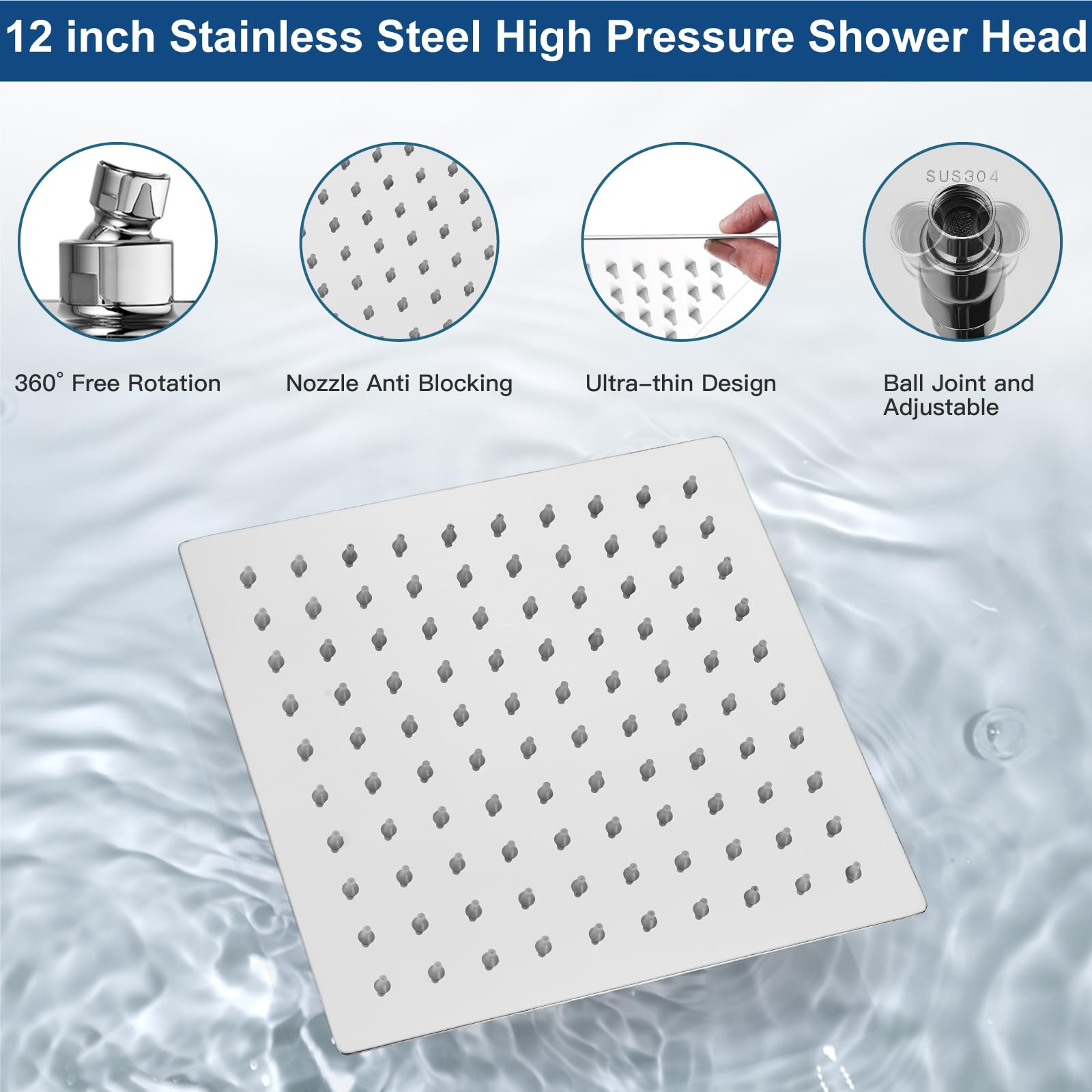 Midanya 12 Inch Square Rainfall Shower System - Wall Mount Shower Faucet Set with Hand Sprayer, Rough-in Valve Trim Kit & Bathroom Mixer - Polish Chrome Finish for Luxurious Spa-Like Shower Experience