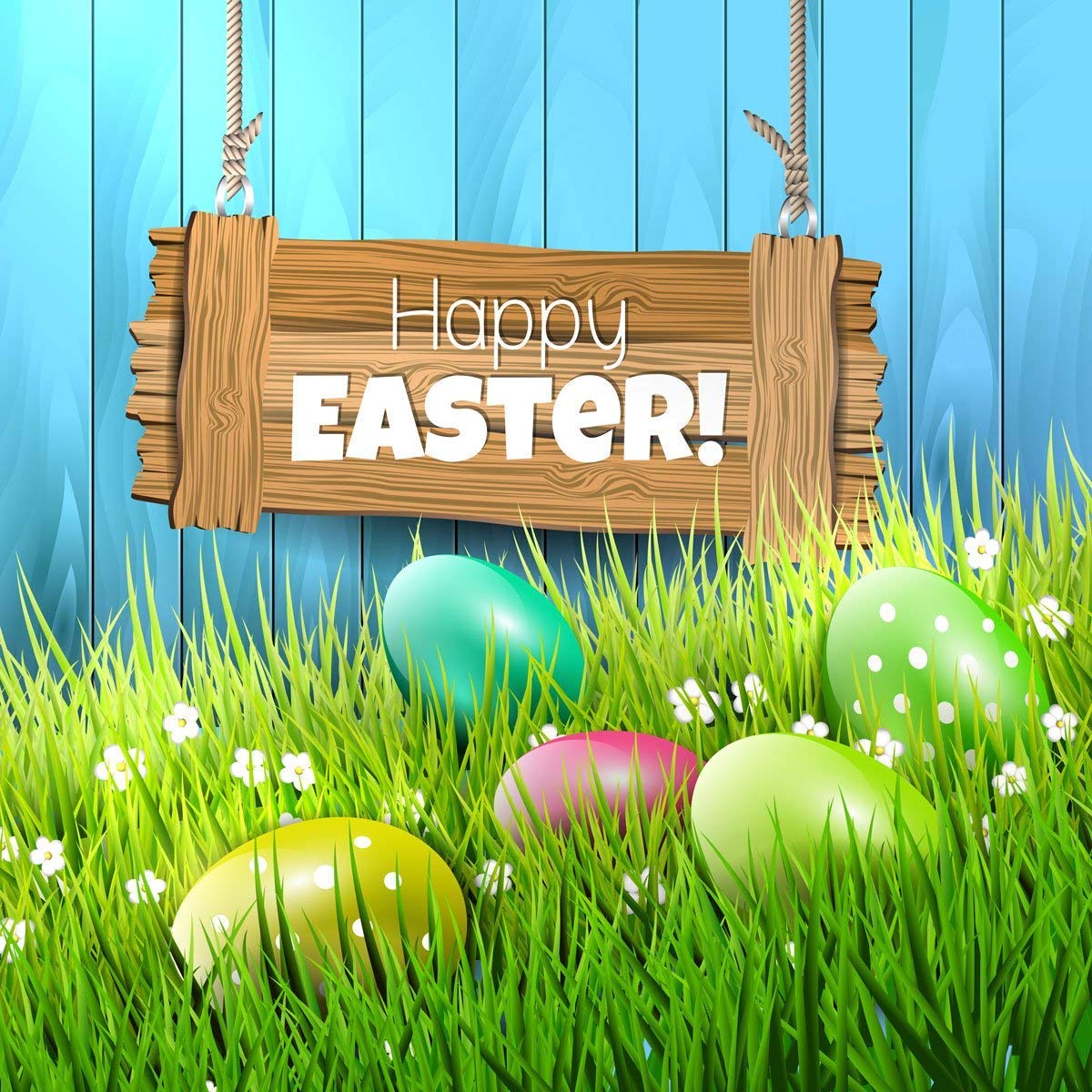 8x8ft Easter Photography Backdrop - Blue Wood Wall with Eggs & Grass Background for Photo Studio, Baby Shower, Easter Party Decorations