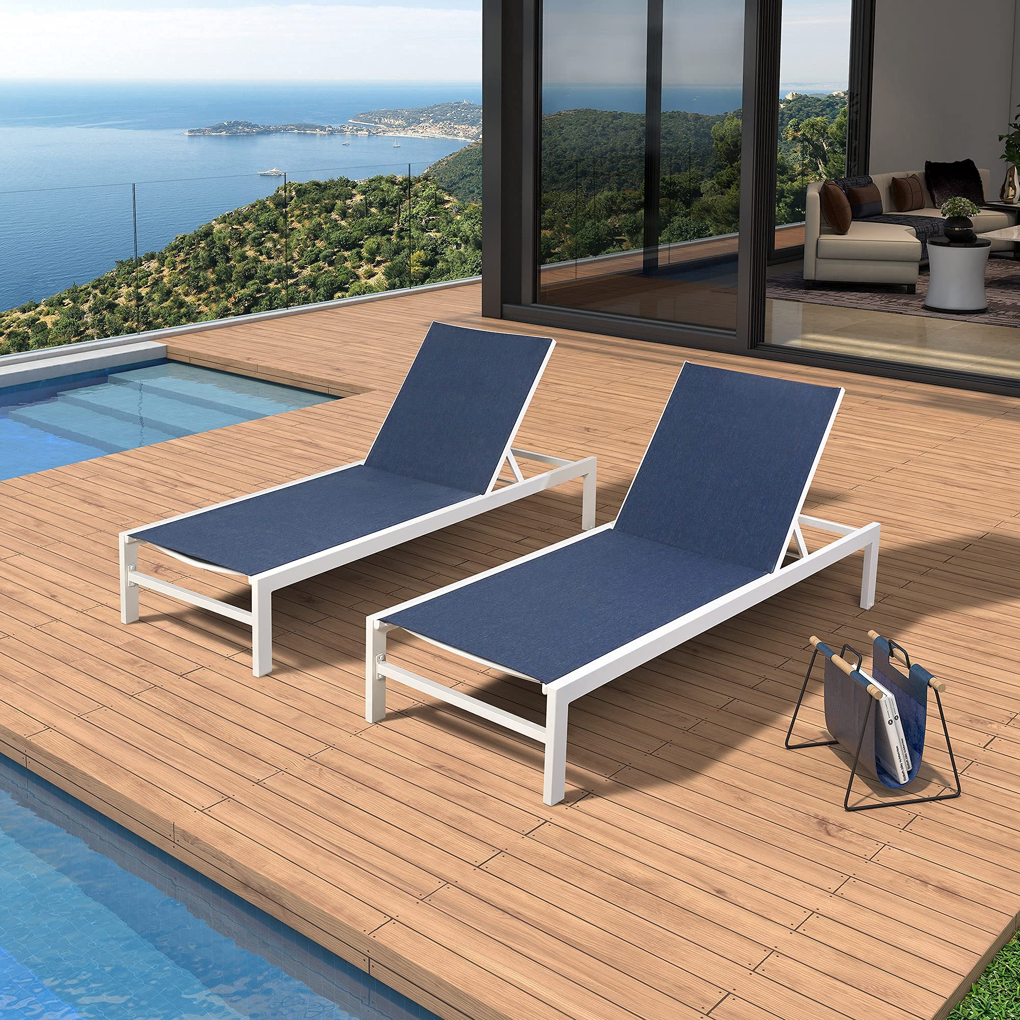 Ulax Outdoor Chaise Lounge Chair Set of 2 - Aluminum Patio Lounge with Wheels, Reclining Poolside & Beach Furniture for Balcony, Yard, Garden - Navy Blue (Perfect for Relaxing by the Pool, Beach Lounging & Outdoor Sunbathing)