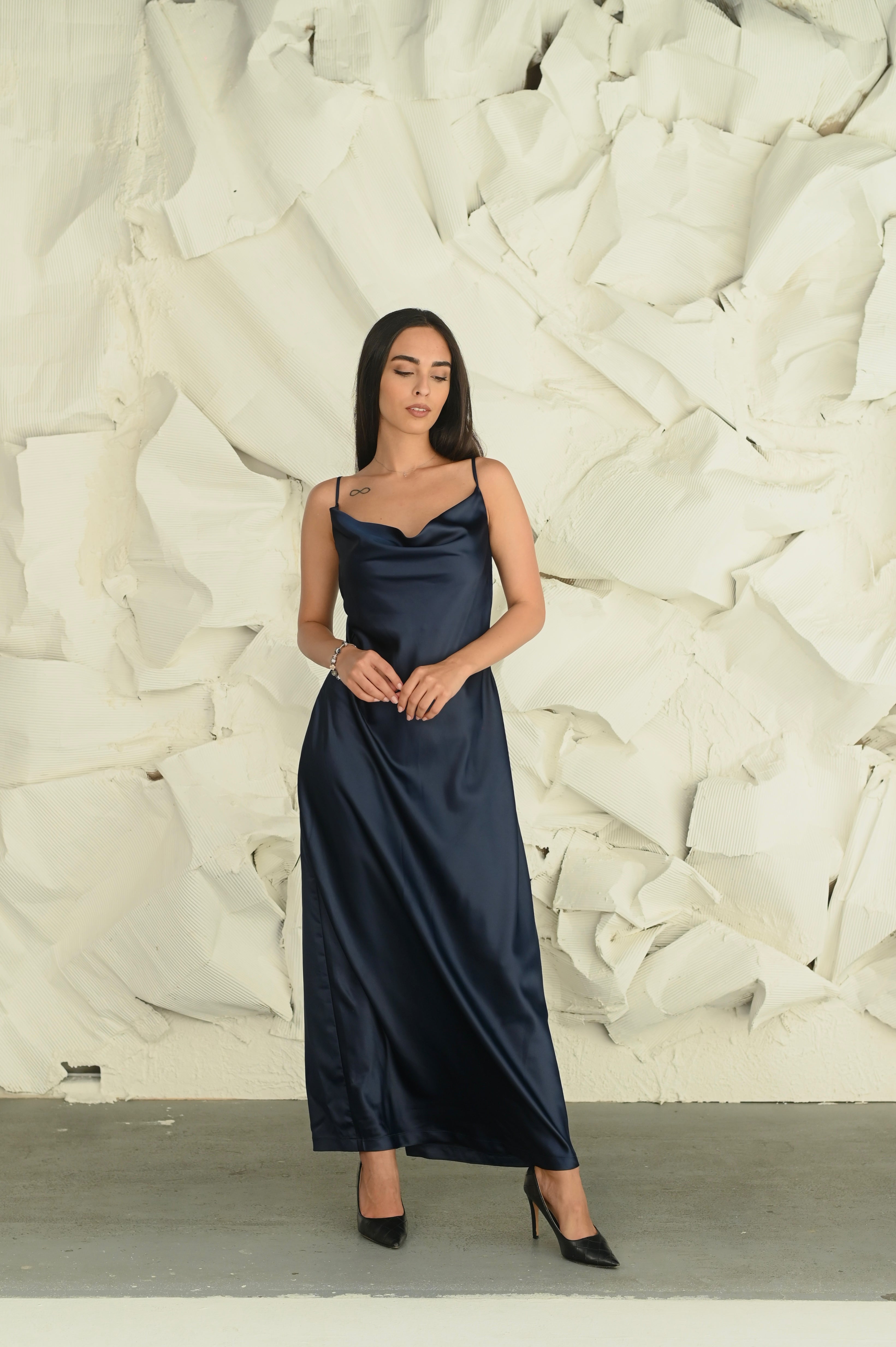 Navy Blue Silky Satin Dress for Women - Elegant Party & Evening Gown - Perfect for Cocktail Parties, Date Nights & Formal Events
