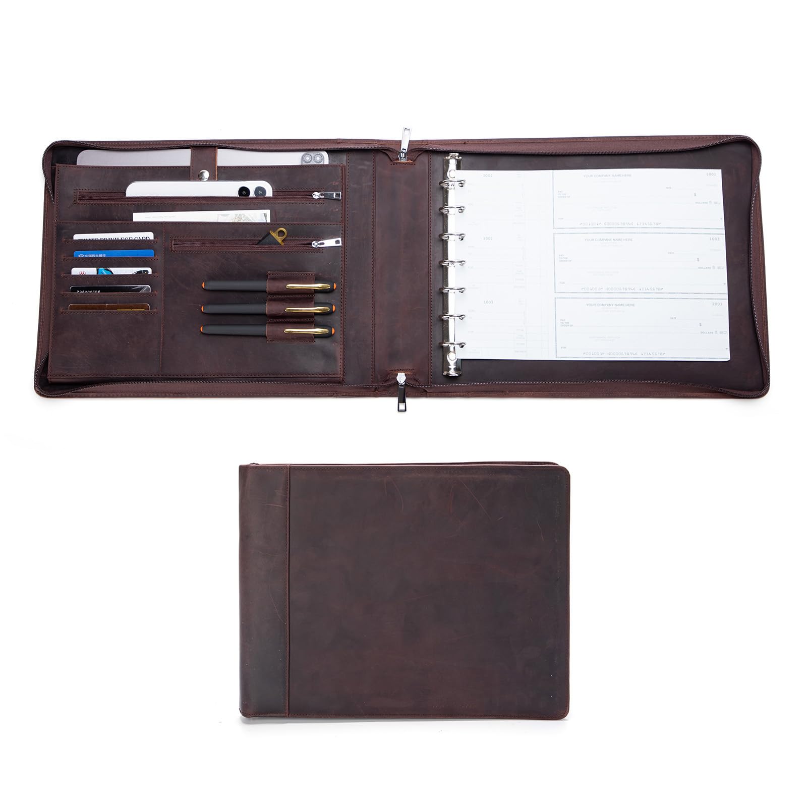Premium 7-Ring Check Binder - Genuine Leather Business Checkbook Cover with 3-On-A-Page Design Holds 600 Checks (9