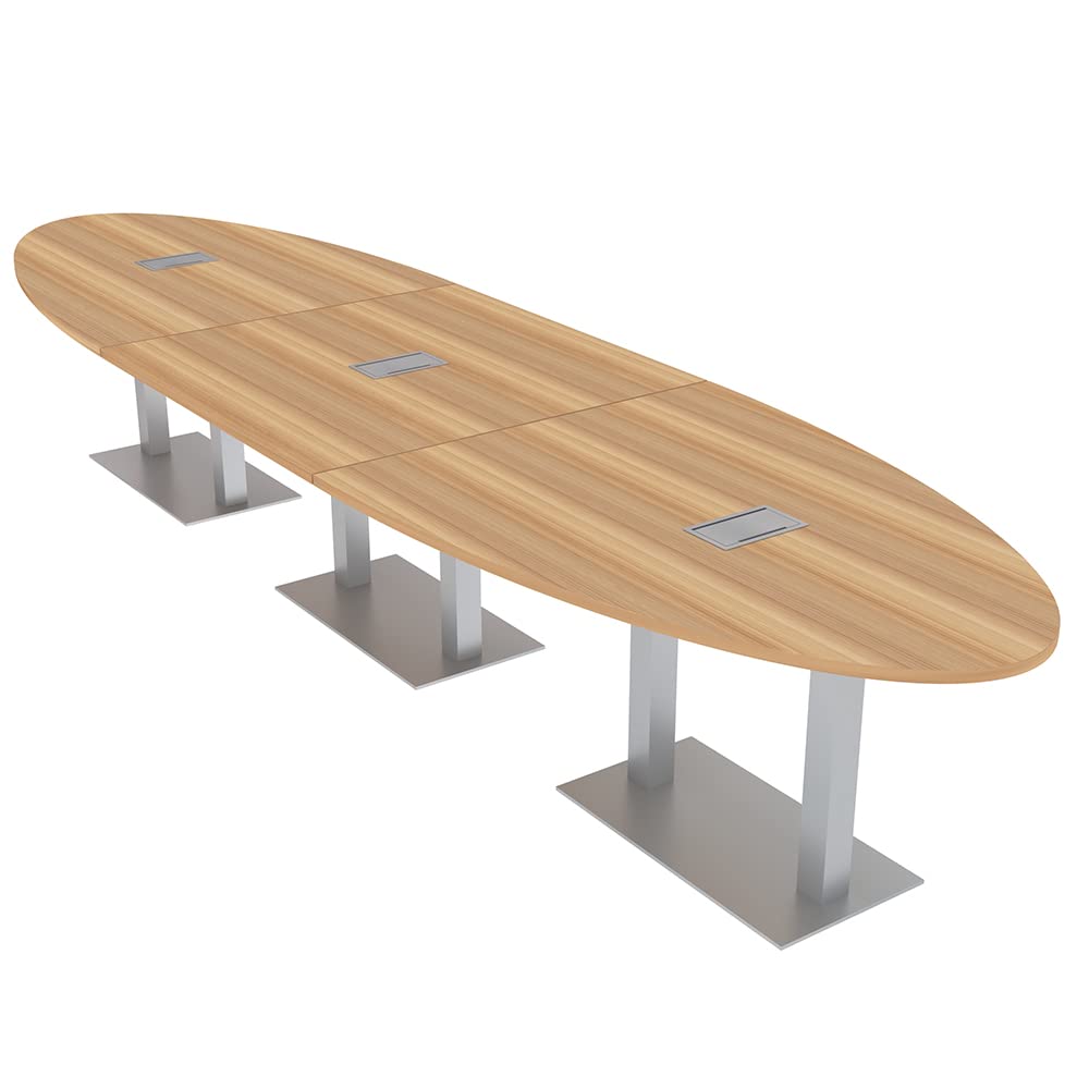 14' Modular Conference Table with Electric Outlets - 12 Person Oval Meeting Desk | Harmony Series Driftwood Finish for Office & Boardroom Meetings