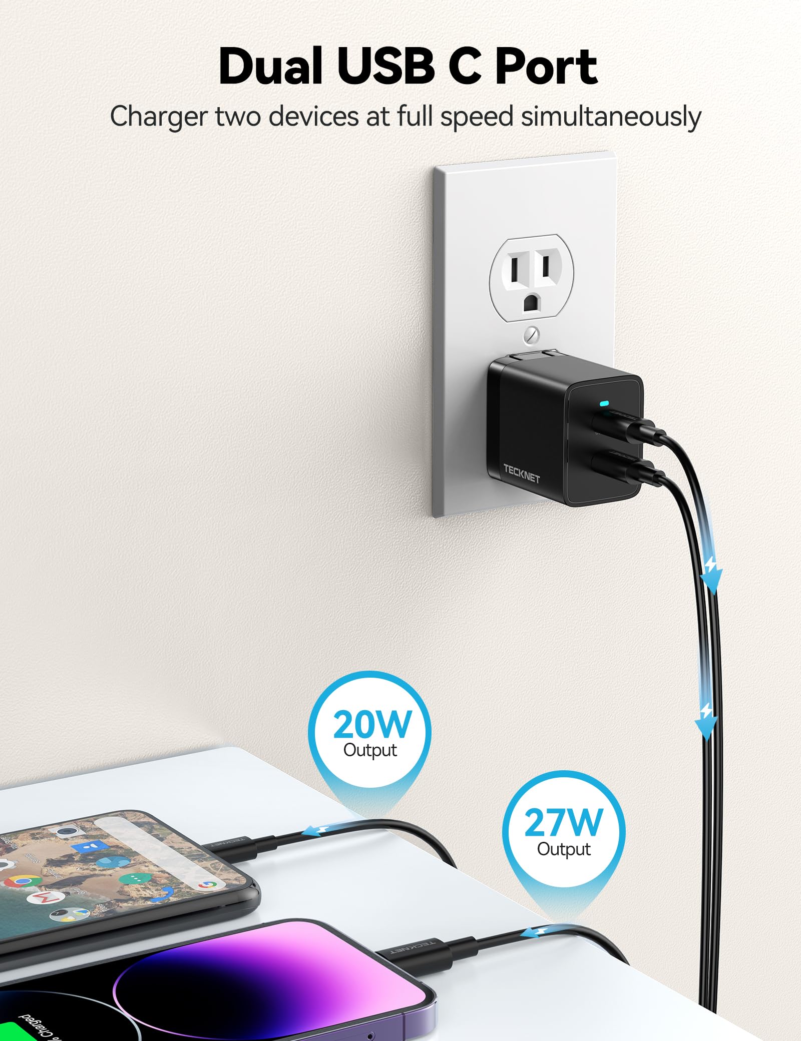 TECKNET 47W GaN USB C Charger, PD3.0 Fast Charger Block with Foldable Plug - Dual Port Wall Charger for iPhone 15 Pro Max/15 Plus/15 Pro/15/14/13/12, Samsung Galaxy S23, iPad Pro, Google Pixel, Nintendo Switch - Perfect for Travel & Home Charging