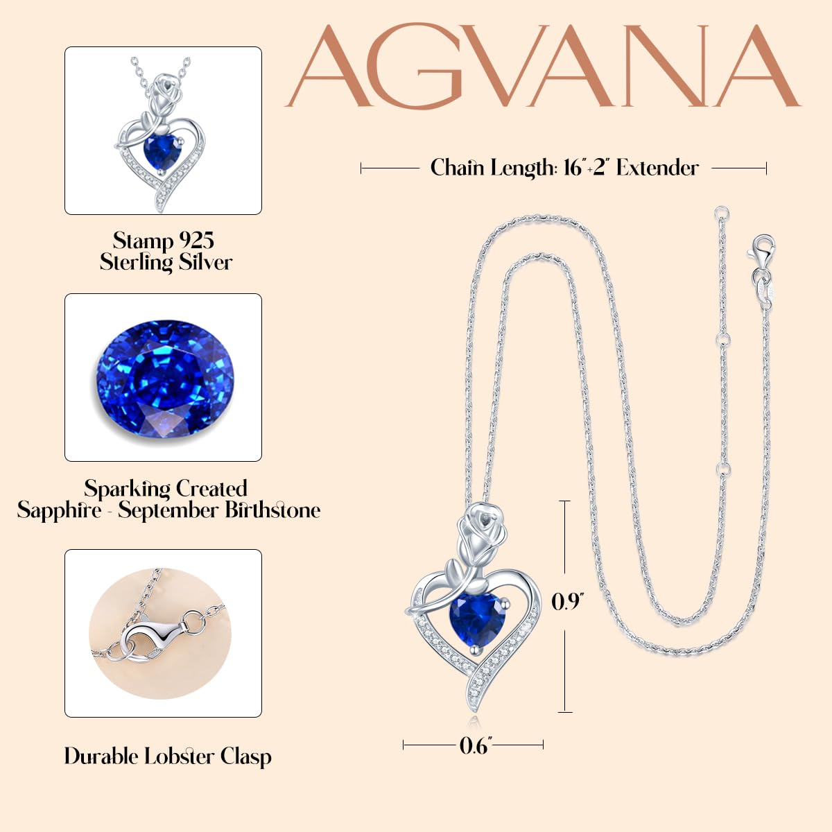 AGVANA Sterling Silver Sapphire Necklace & Bracelet Set for Women - September Birthstone Jewelry with CZ Rose Flower Heart Pendant - Elegant Gift for Mom, Wife, Girlfriend - Perfect for Mother's Day, Anniversary, Birthday & Special Occasions