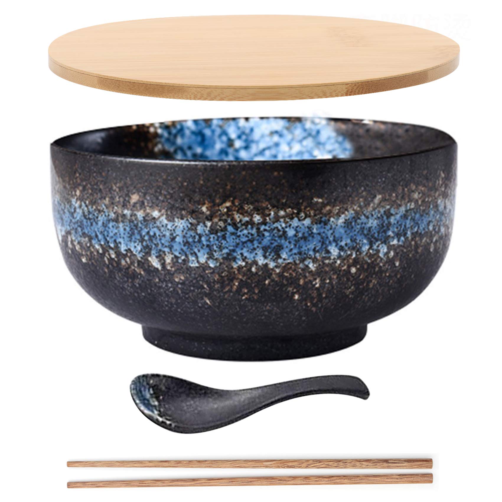 Authentic Japanese Ramen Bowls & Rice Bowls Set - 6.5 Inch Blue Ceramic Hand-Painted Retro Tableware with Chopsticks & Spoons - Perfect for Asian Cuisine, Home Dining & Gift Giving