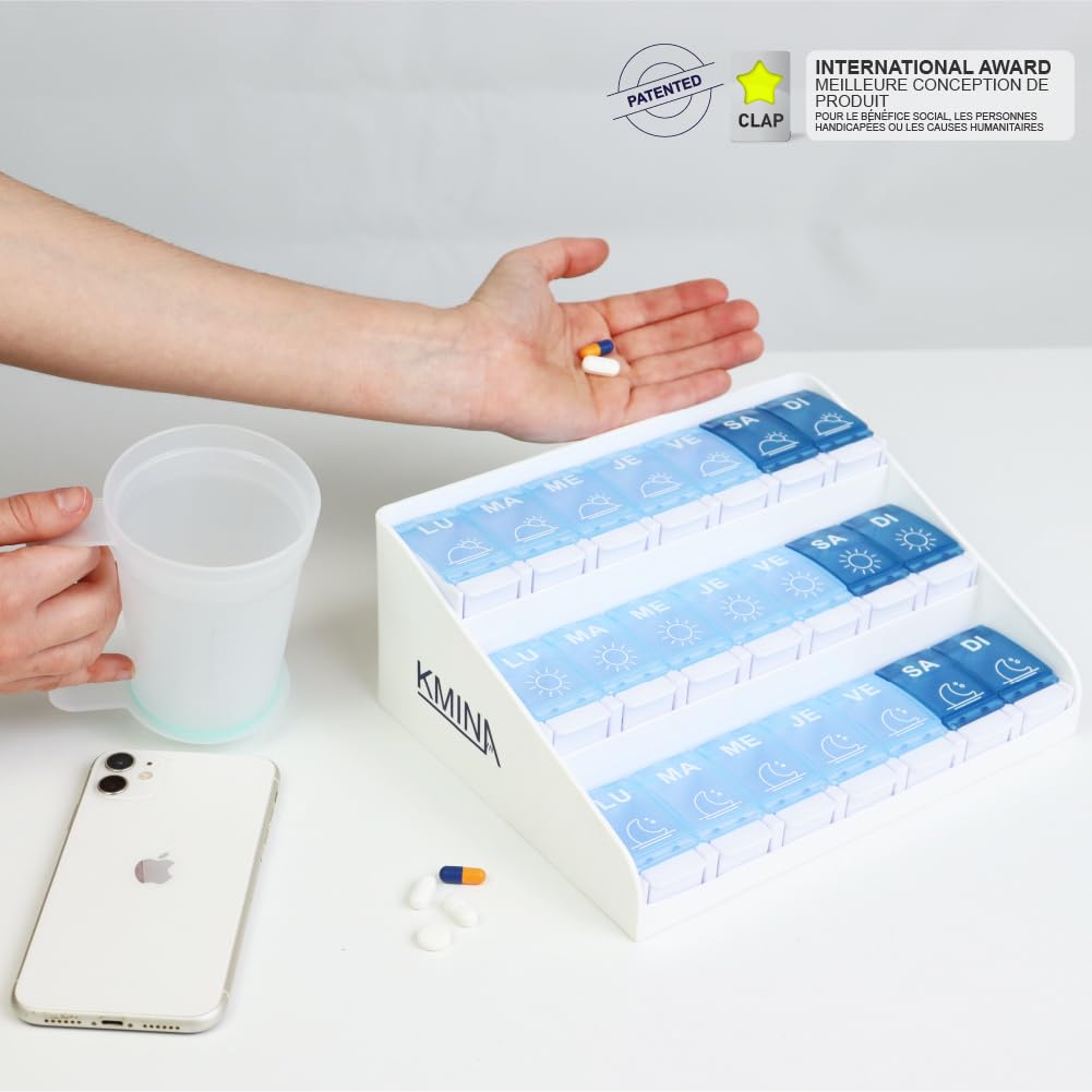 KMINA 3-Compartment Weekly Pill Organizer - Daily Medicine Box for Morning, Noon & Evening - Perfect for Home, Travel & Elderly Medication Management