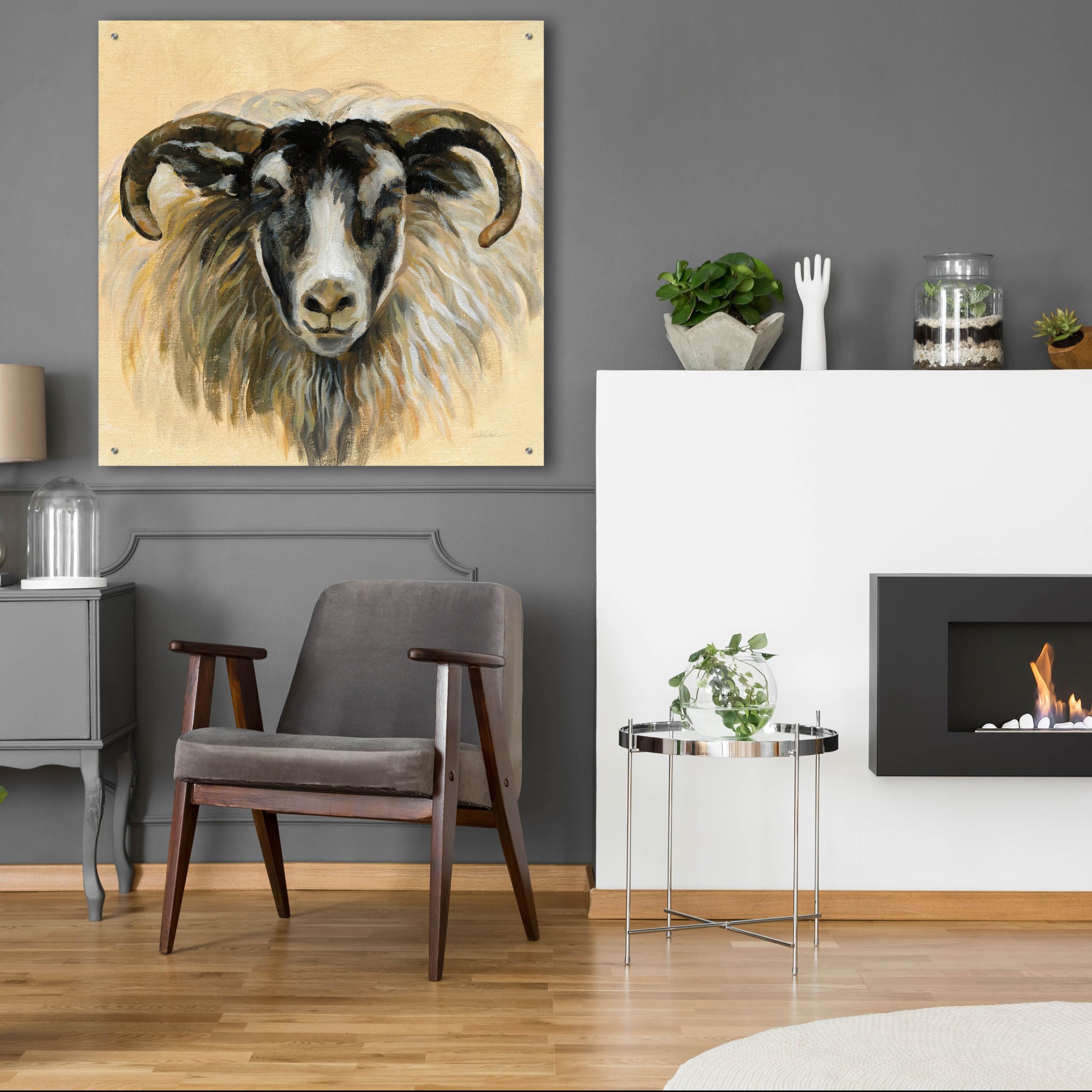Silvia Vassileva Highland Animal Ram Acrylic Glass Wall Art - 36x36 Inches Modern Home Decor for Living Room, Bedroom & Office