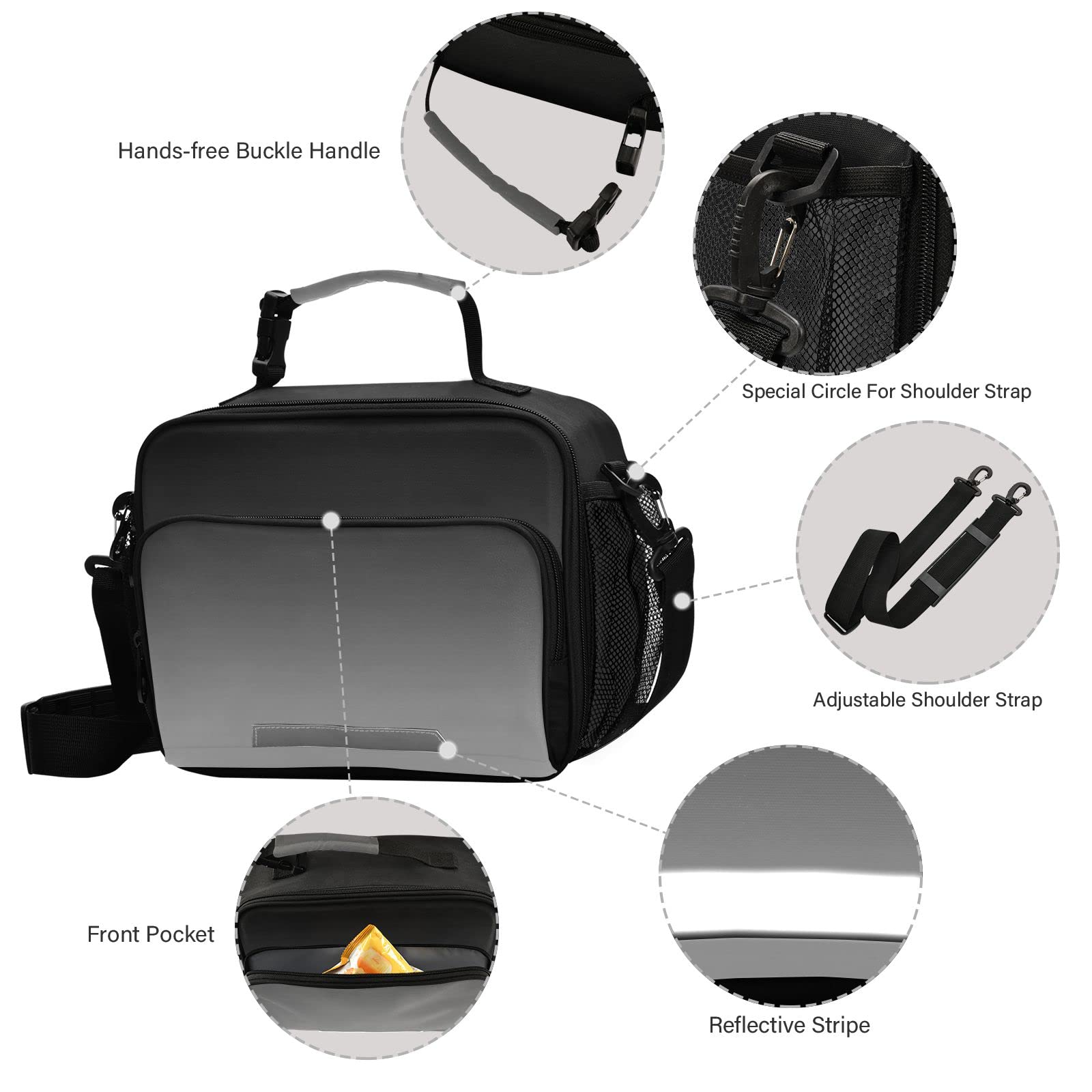 Insulated Reusable Lunch Bags for Kids - Black & Grey School Lunch Box for Boys, Girls & Adults | Perfect for School, Work, Picnics & Travel
