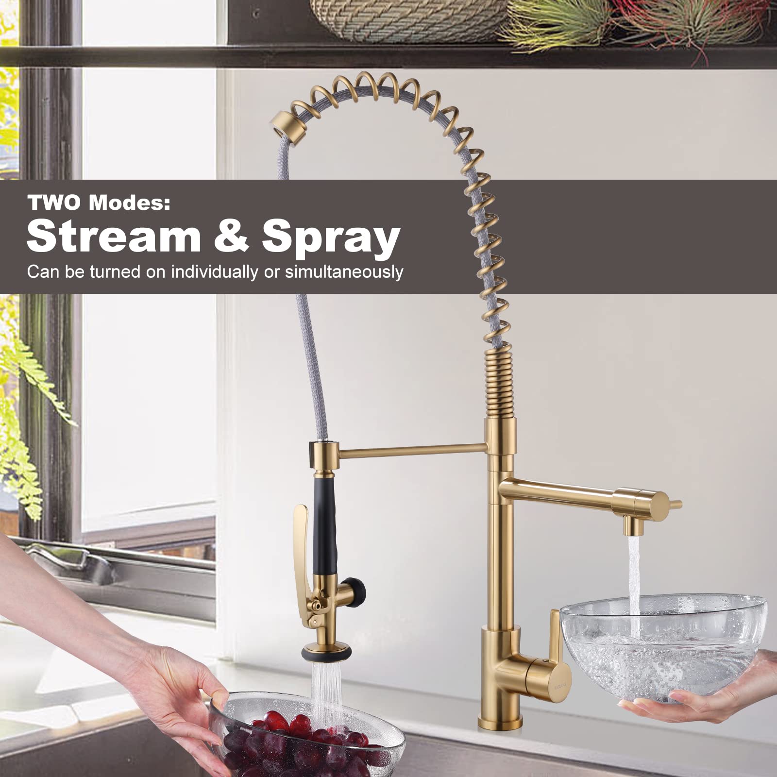Commercial Grade Brushed Brass Kitchen Faucet with Pre-Rinse Sprayer - Heavy Duty Restaurant Sink Faucet for 1 or 3 Hole Installation (Includes Deck Plate) - Perfect for High-Traffic Kitchens, Outdoor Bars & Food Service Areas