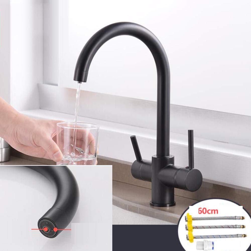 3-Way Kitchen Faucet with Water Filter - Hot & Cold Brass Sink Mixer Tap, 360° Rotation, Direct Drinking Water, 3 Functions - Black (Perfect for Modern Kitchens, Water Purification & Convenient Cooking)