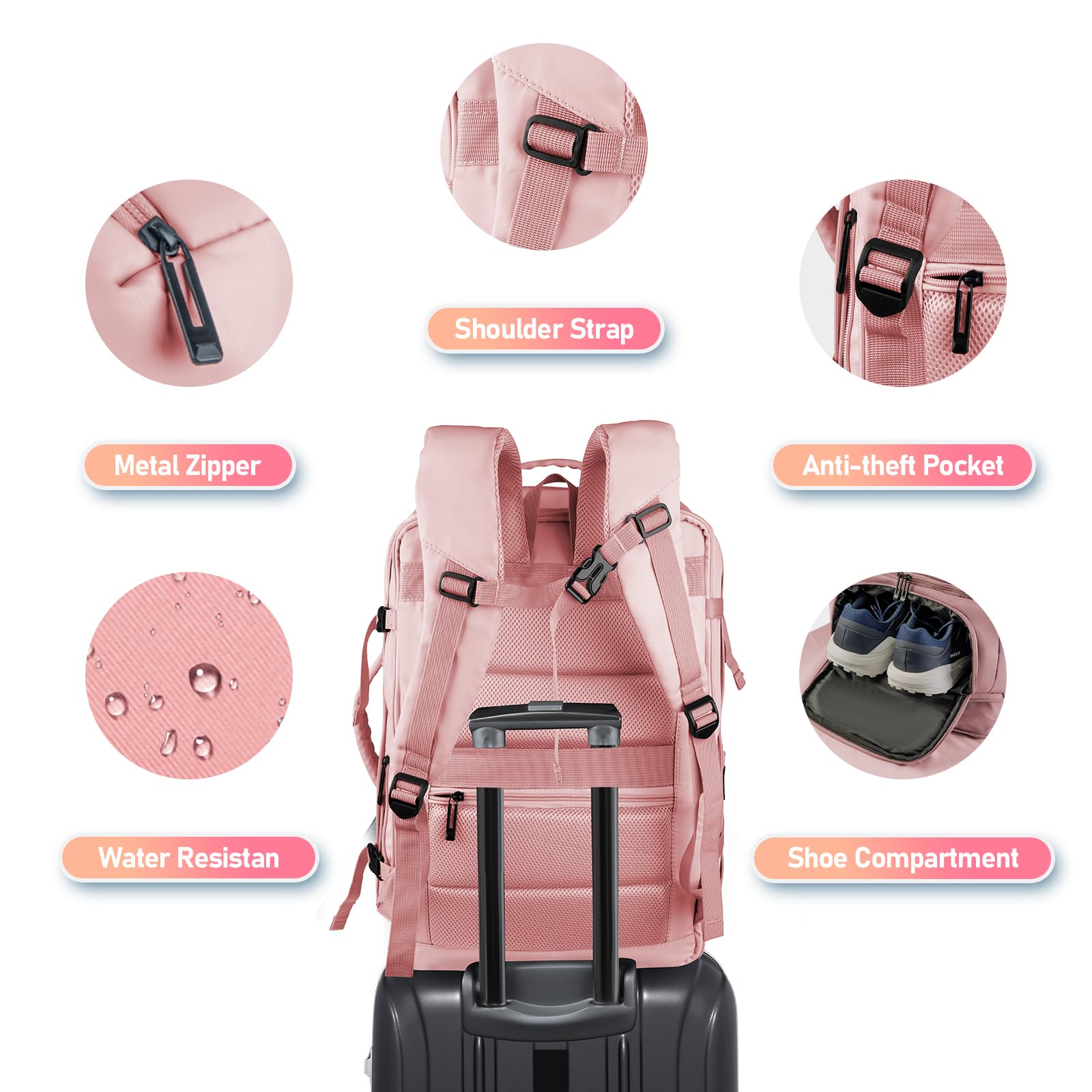 45L Airline Approved Carry On Travel Backpack for Women - Cute Underseat Personal Item Bag with Shoe Compartment - Perfect for Hiking, Outdoor Weekend Trips & Casual Daypack - Ideal Gift for Friends (Pink)
