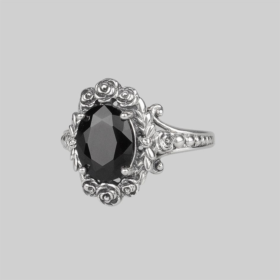 MARIA Rose Wreath Onyx Silver Cocktail Ring | Elegant Vintage Jewelry for Women | Perfect for Parties, Weddings & Special Occasions