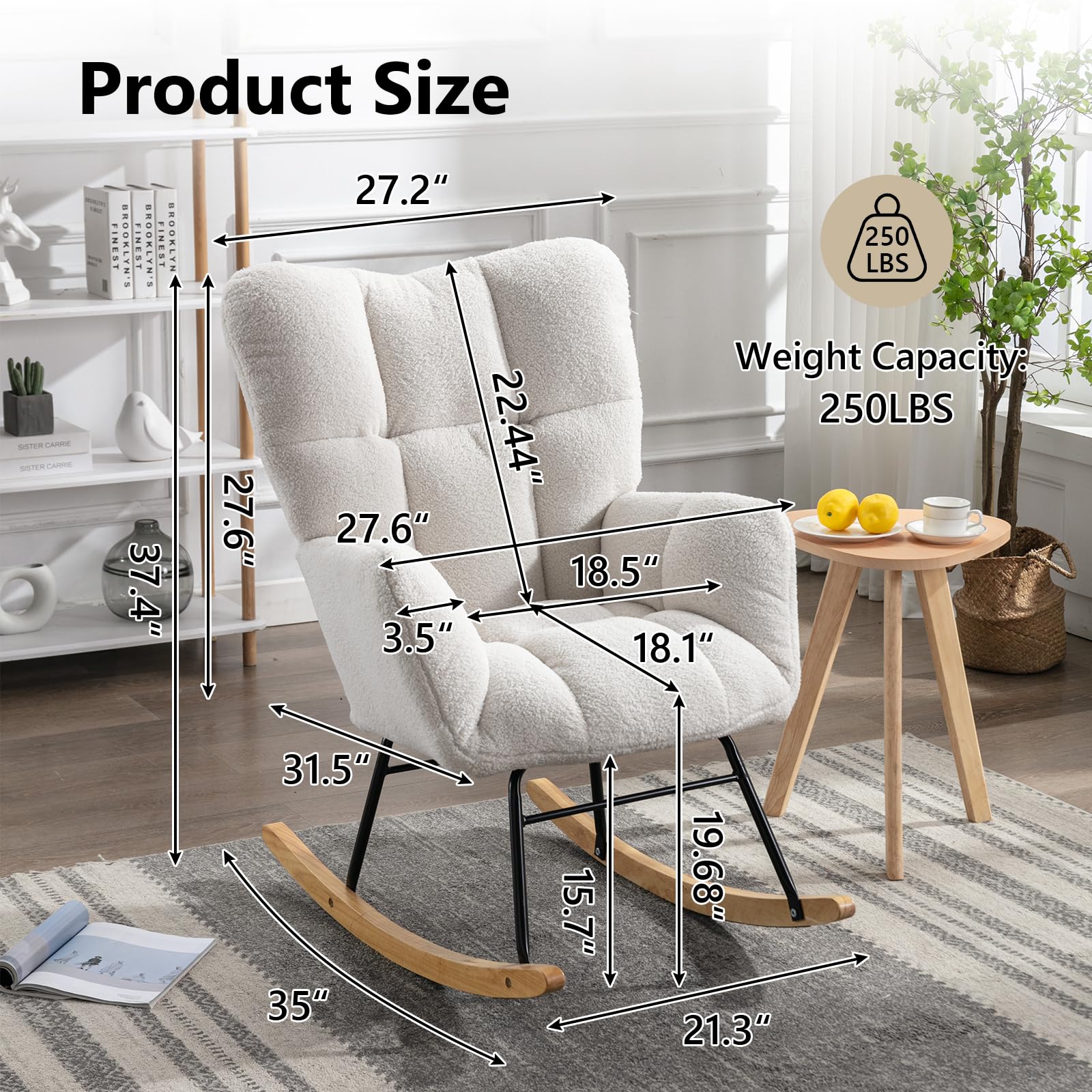 NIOIIKIT Teddy Upholstered Nursery Glider Rocking Chair - High Back Padded Seat Accent Armchair with Comfortable Cushions - Perfect for Nursery, Living Room, Bedroom & Office (Ivory Teddy) - Ideal for Breastfeeding, Relaxing & Reading