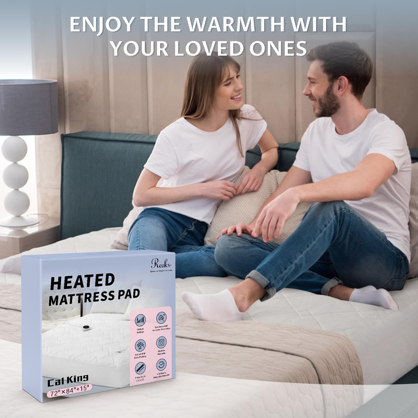 Reaks Electric Heated Mattress Pad - California King Size, Quilted Dual Control with 10 Heat Settings, ETL Certified Bed Warmer with 1-12 Hour Timer & Auto Shut Off, Lighted Buttons, White - Perfect for Cold Nights & Arthritis Pain Relief