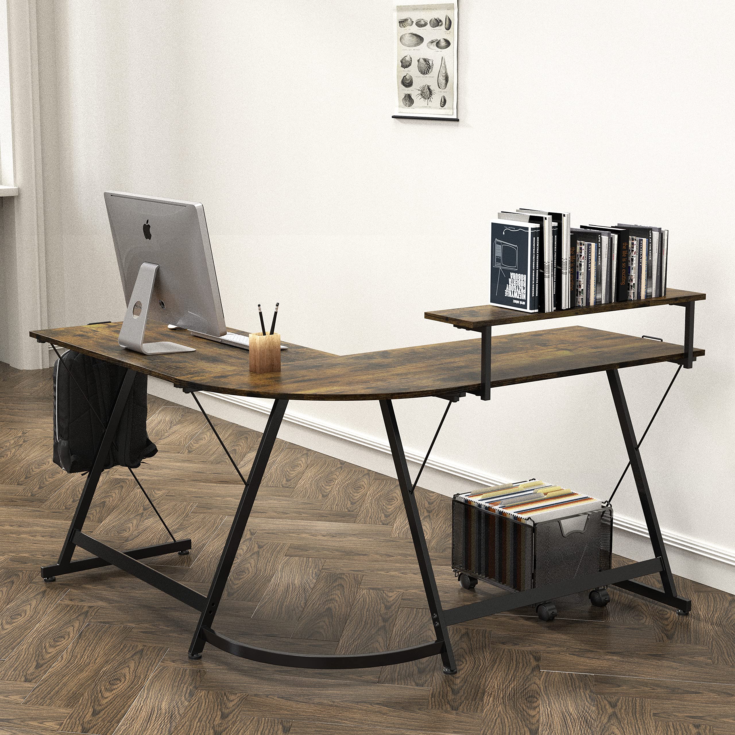 SHW Vista L-Shape Computer Desk with Monitor Stand - Rustic Brown Home Office Desk for Gaming & Workstation Setup | Perfect for Small Spaces & Corner Work Areas