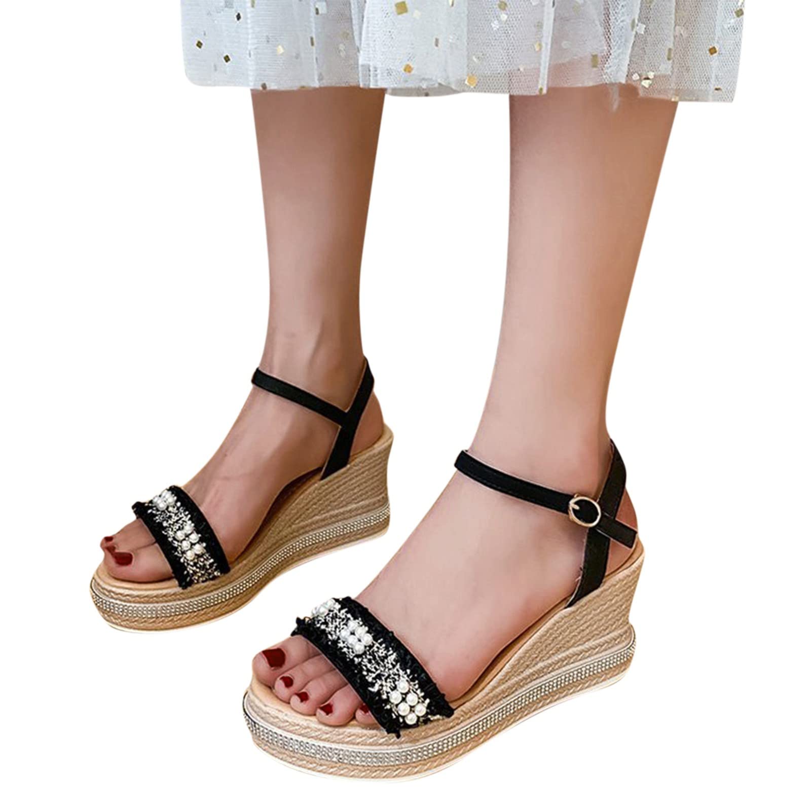 Women's Pearl Rhinestone Decorated Wedge High Heel Sandals - Open Toe Platform Ankle Strap Dressy Shoes for Spring Summer | Roman Style Stiletto Heel Fashion Casual (Black, Size 7.5) | Perfect for Weddings, Parties & Evening Events