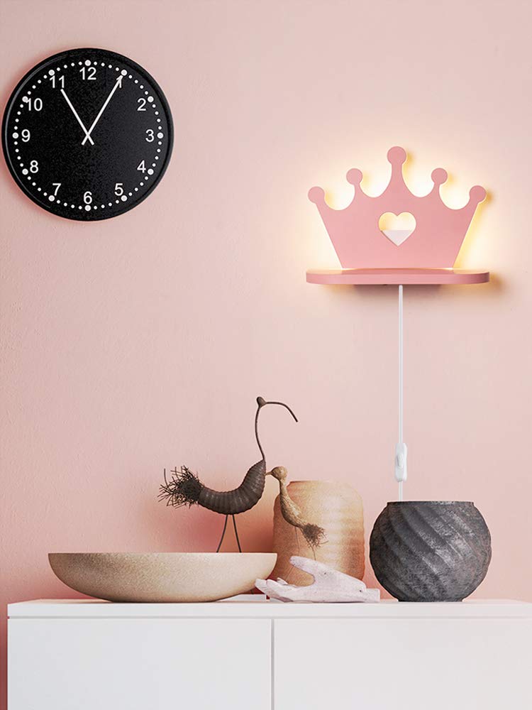 ANYE 12W Warm White LED Wall Sconce with Acrylic Shade - 5.9ft UL Plug-in Cord, Pink Imperial Crown Design for Kids Room, Nursery, Bedroom & Home Decor Lighting (Model BD1334)