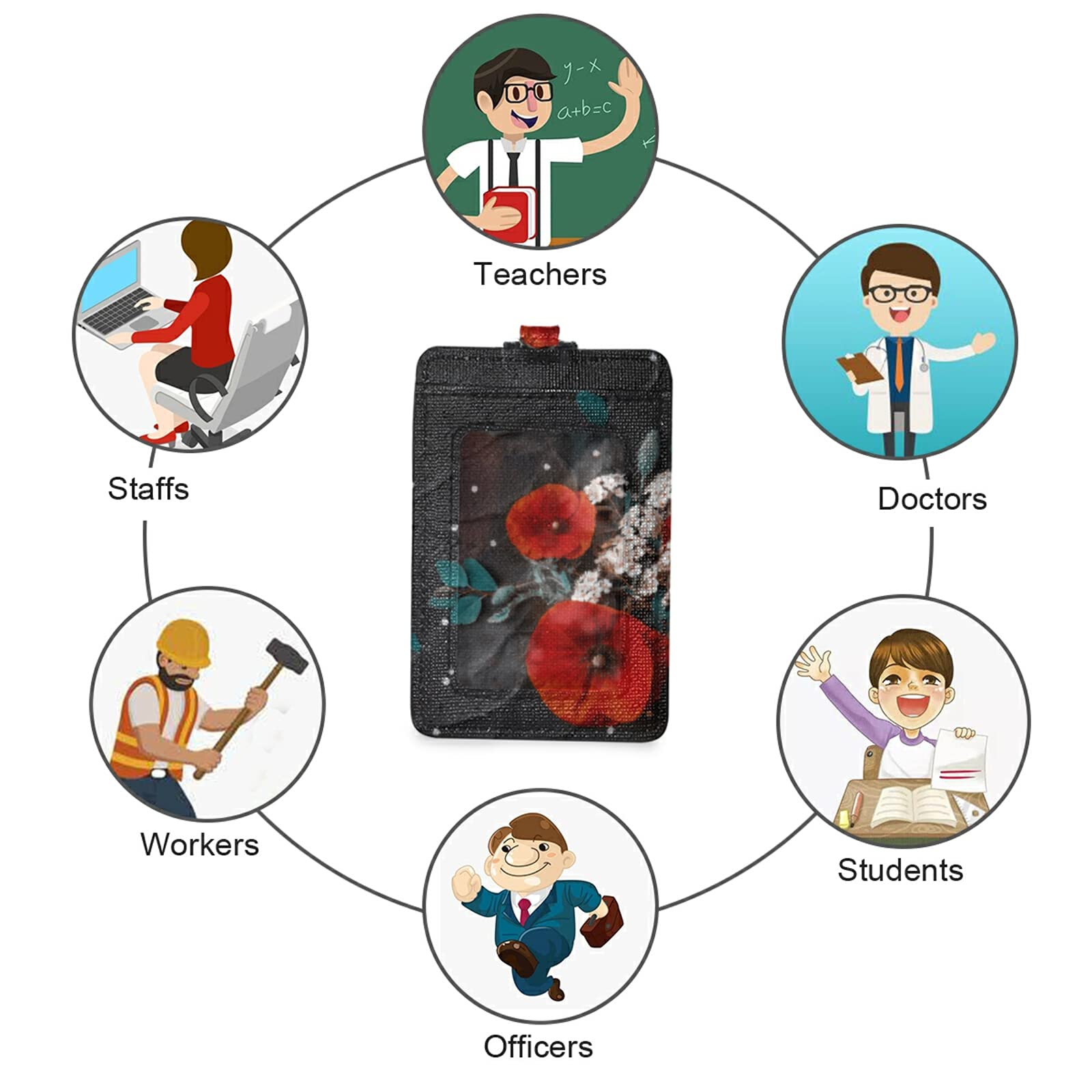 Red Poppy Vertical Leather ID Badge Holder with Lanyard - Office & School Staff Use