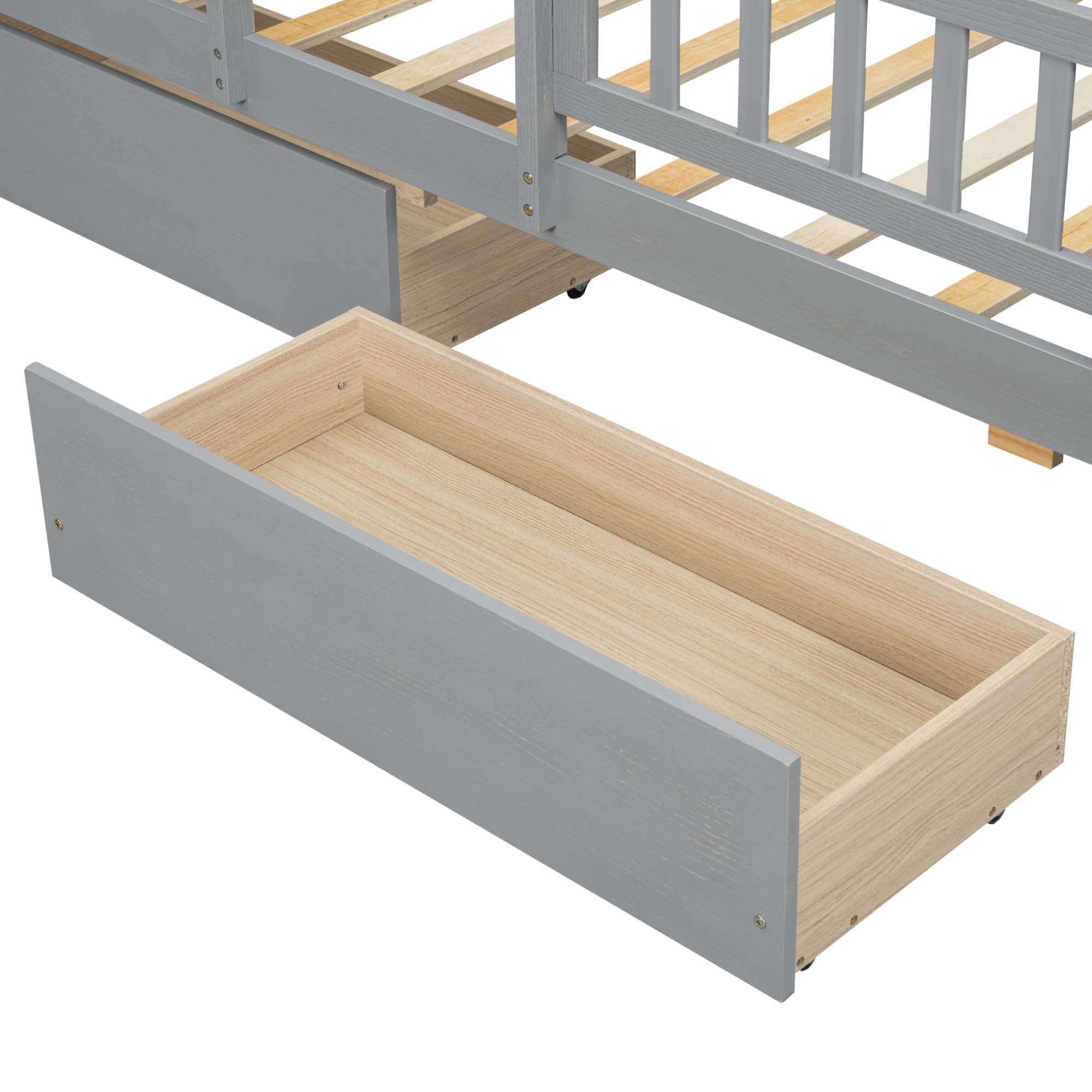 P PURLOVE Twin Size Wooden Platform Bed Frame with Storage Headboard, Built-in LED Lights, Guardrail & 2 Drawers - Modern Space-Saving Bedroom Solution for Small Apartments and Dorms