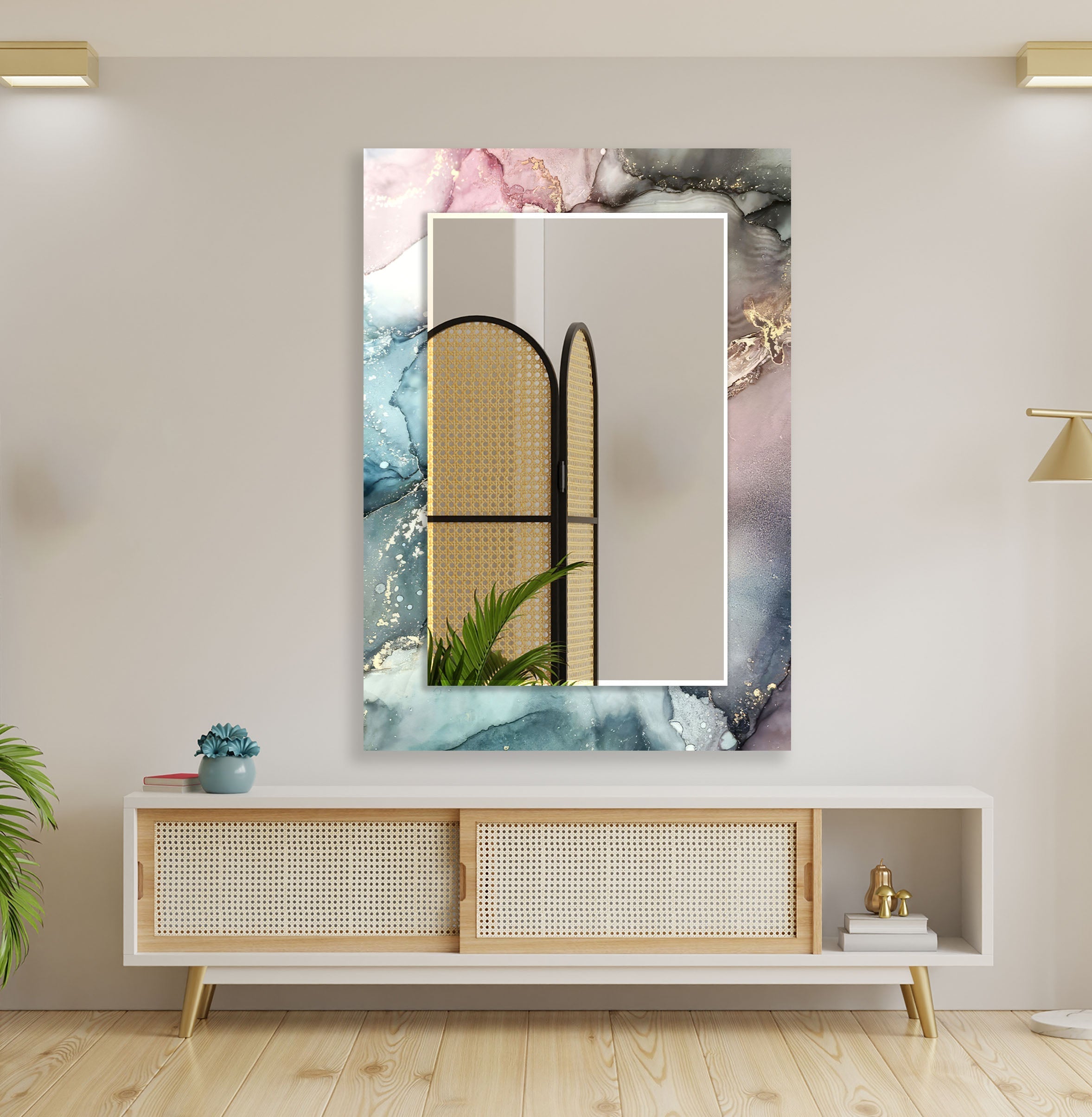 Stylish Blue and Pink Round Wall Mirror - Decorative Home Decor for Living Room, Bedroom, Bathroom | Perfect for Vanity, Entryway, and Dressing Area