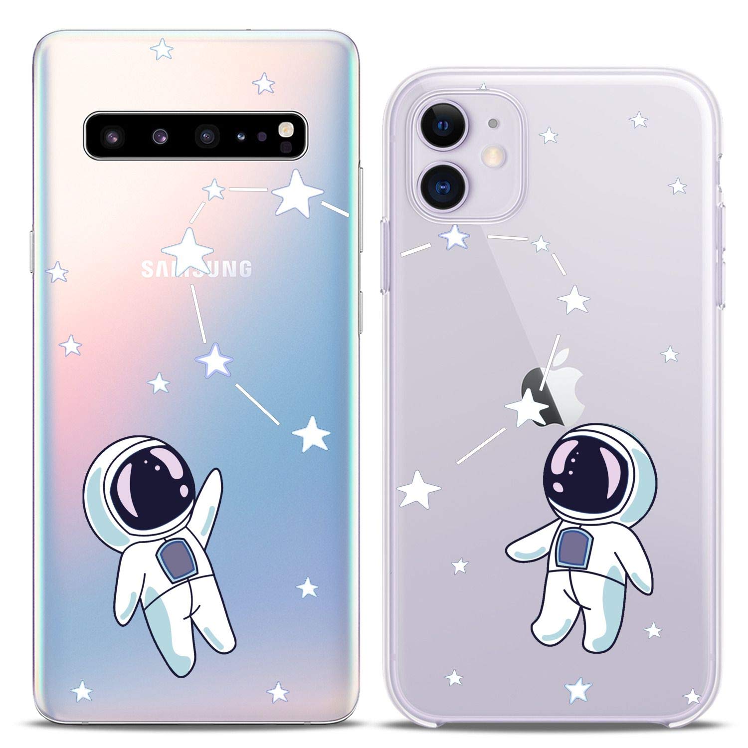 Matching Couple Phone Cases for iPhone 16/15/14/13/12/11 Pro Max/Mini/Xs/X/8 Plus/7/Xr/SE - Cute Astronaut & Constellation Print Slim Flexible Clear Cover - Perfect for Couples, Friends & Space Lovers (Gift Idea for Anniversary, Valentine's Day)